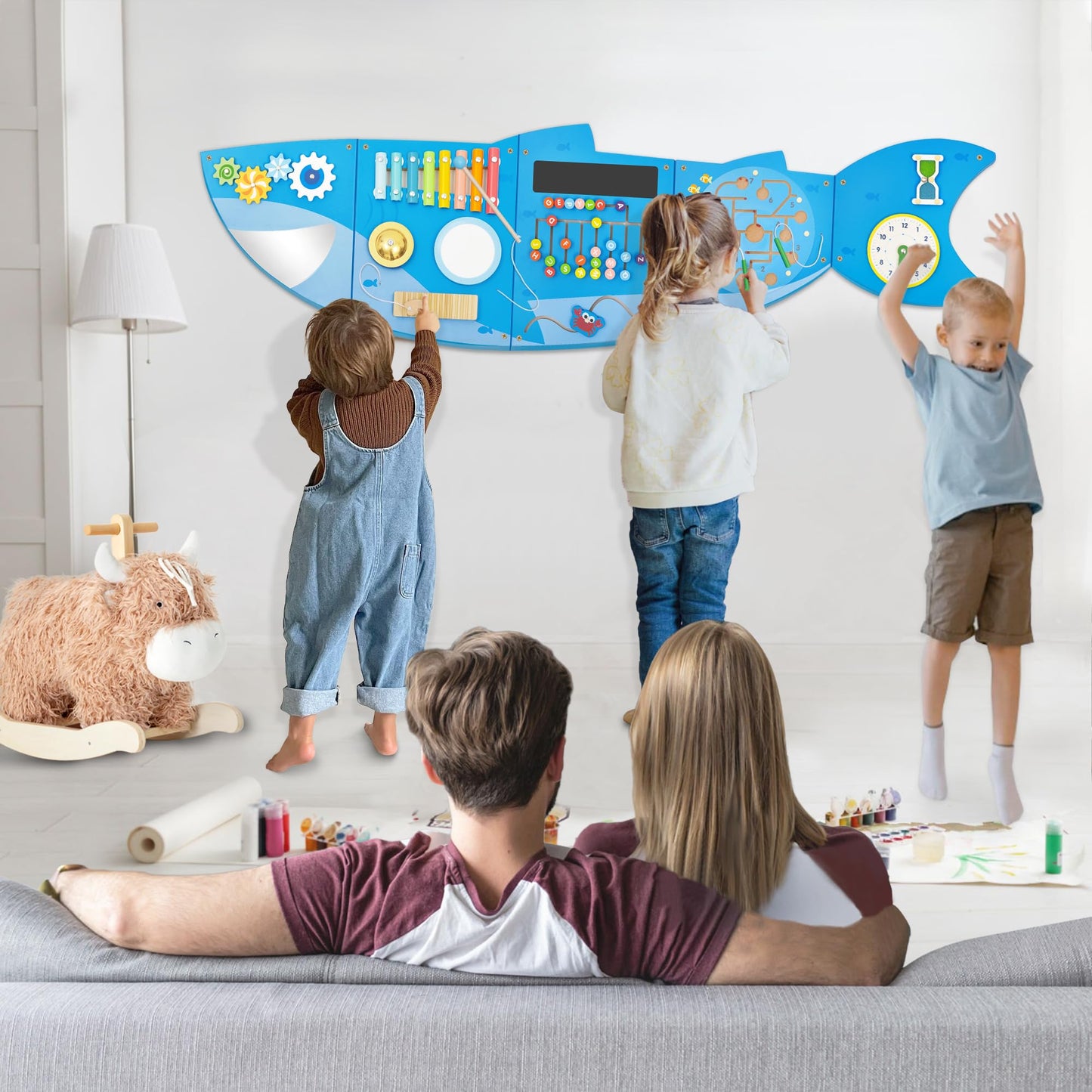 Shark Activity Wall Busy Board Panels,Busy Board for Toddlers Montessori Sensory Toys Wall Mount Wooden Learning Toy Ideal Furniture for Playroom & Children's Daycare