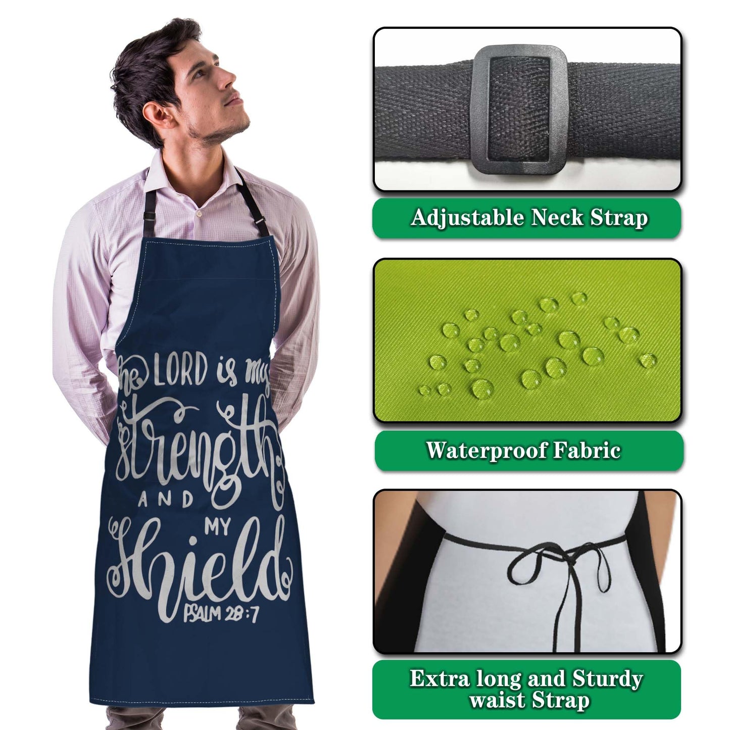 Olikked Baking Apron for Men the Lord Is My Strength and My Shield Bible Verse Modern Cute Aprons for Men for Kitchen Cooking Restaurant BBQ Painting Crafting 27” (W) x 31” (H), Waterproof Aprons