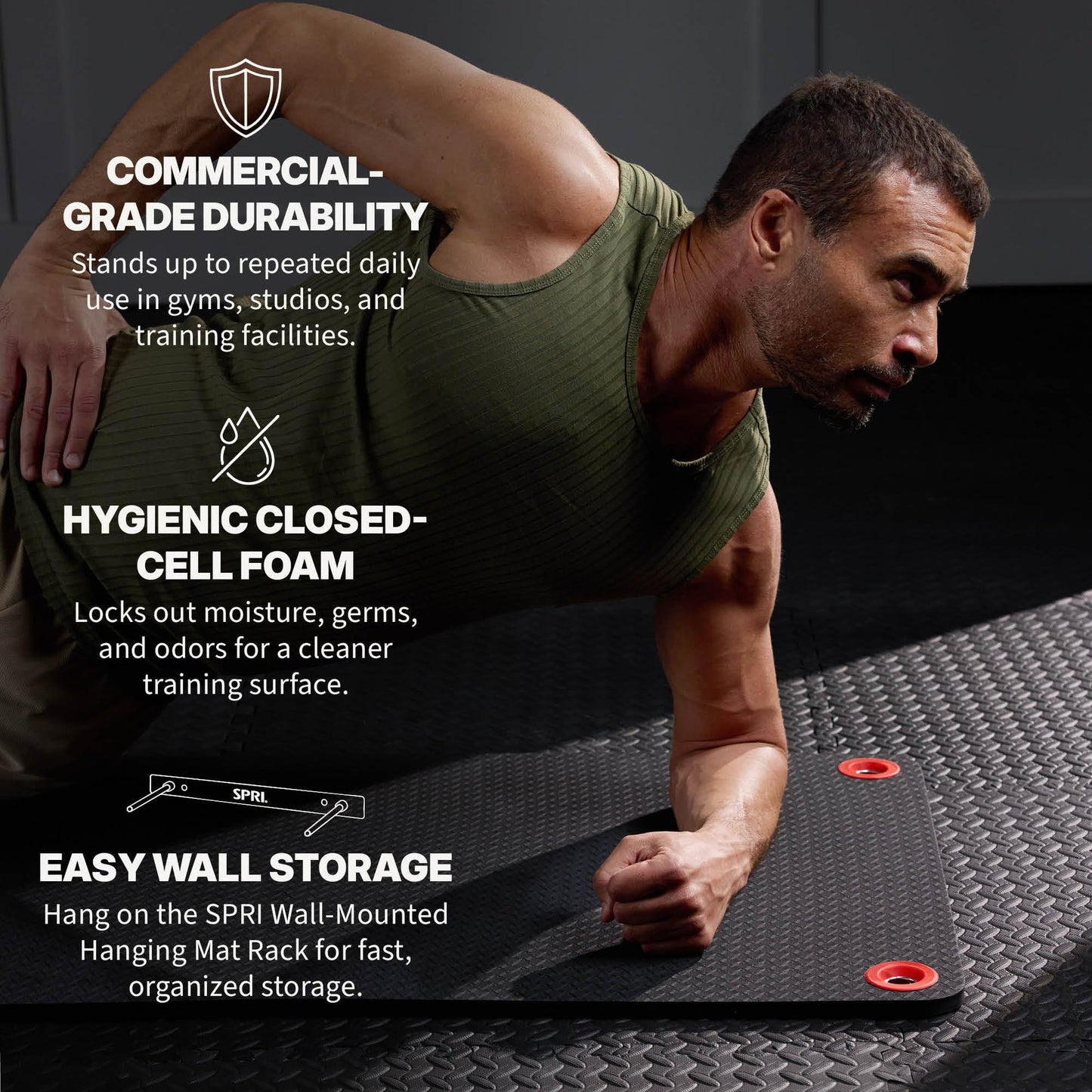 SPRI Hanging Bulk Fitness Mats + Rack, 15mm, Closed-Cell Foam Bulk Yoga Mats for Gyms, Dance Studios, Ballet, Low-Impact Training & Commercial Spaces, Reinforced Grommets