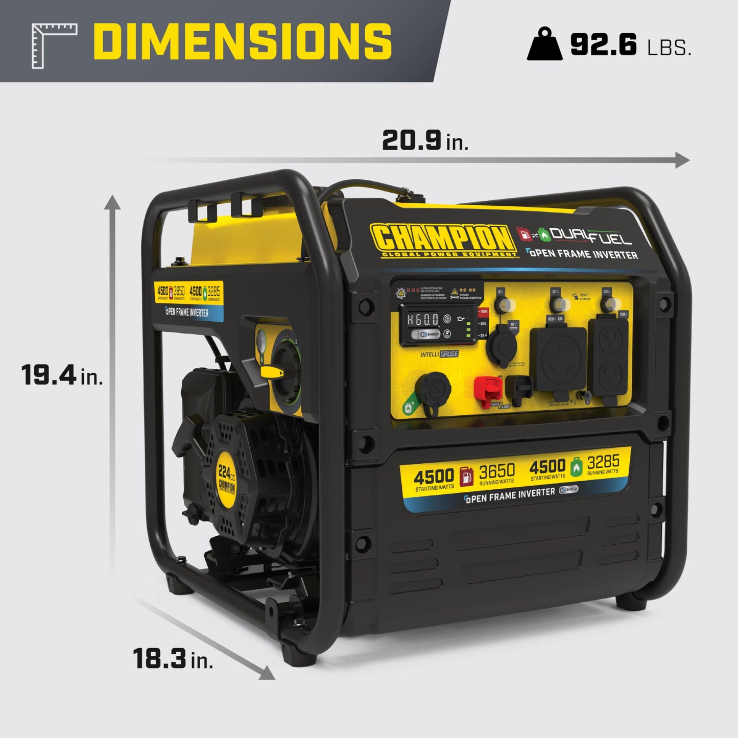 Champion Power Equipment 4,500-Watt Electric Start Dual Fuel RV Ready Portable Open Frame Inverter Generator with Quiet Technology and CO Shield®