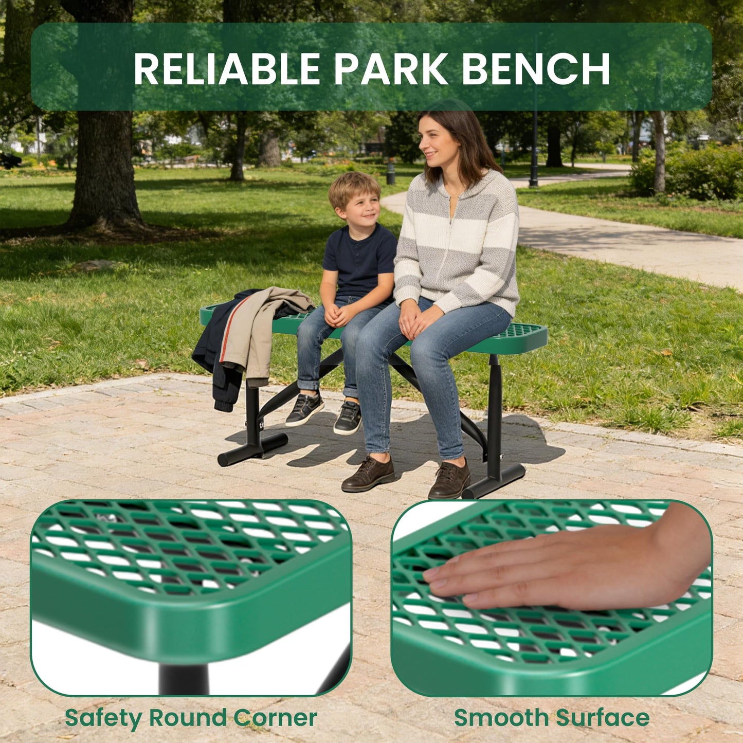 Hillzzer 4FT Metal Park Bench for Outside, Heavy-Duty Outdoor Bench with Thermoplastic-Coated, Weatherproof Steel Mesh Bench for Parks, Gardens, Patios, Stores, Green