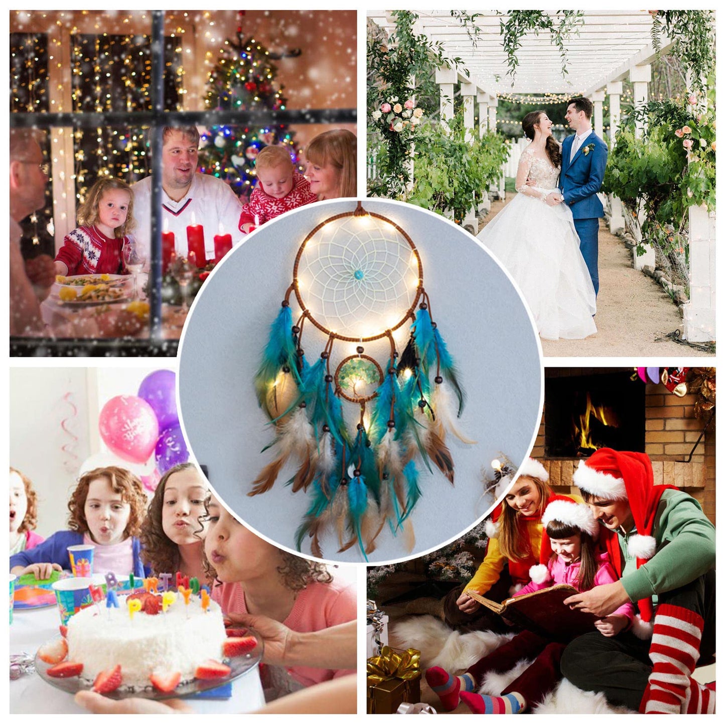 Dream Catcher Blue Tree of Life with Feathers, Mobile LED Fairy Lights Handmade Indians Traditional Circular Net for Wall Hanging Decor, Bedroom Kids, Home Decoration Wedding Party Blessing Gift