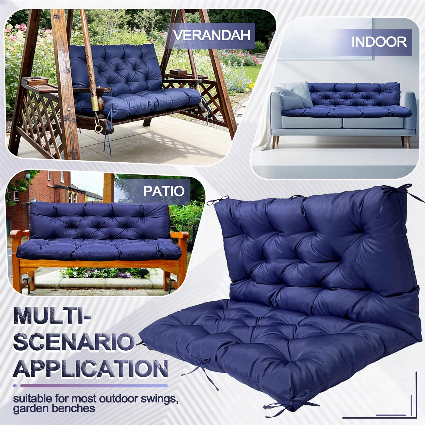 MDYHPN Porch Swing Cushions Replacement: Waterproof 2-3 Seater Patio Bench Cushion with Backrest Ties - 4 Inch Thickened Swing Seat Cushion for Garden Backyard Outdoor Furniture
