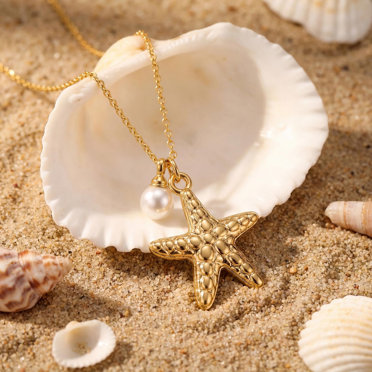 MYEARS Women Gold Necklace Starfish Pendant Pearl Bead 14K Simple Dainty Cuban Chain Everyday Summer Beach Jewelry
