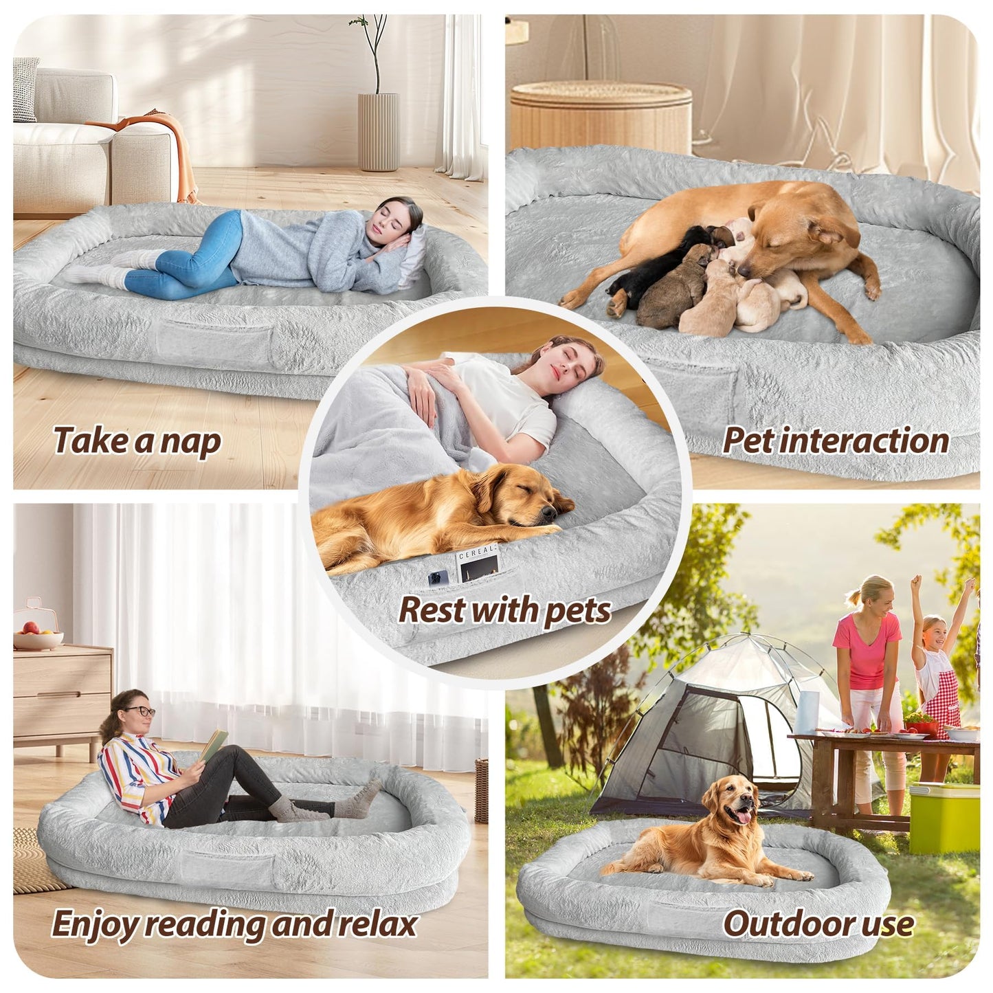 L&W BROS. Human Dog Bed for Adults - XL Orthopedic Dog Bed with Memory Foam and Faux Fur Cover - 71" X47"W X12 H - Ultimate Comfort for You and Your Furry Friend (Light Gray)