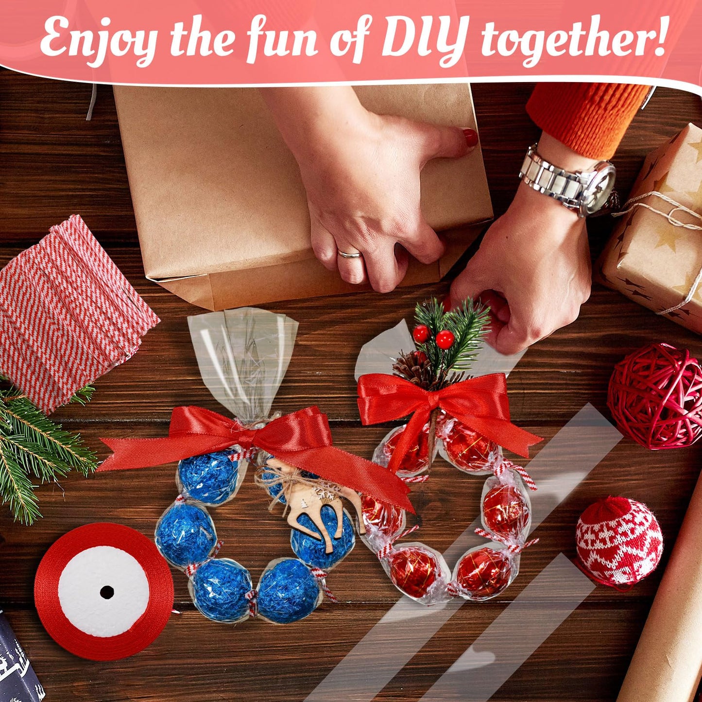 Dunzoom 50/100 Set 2'' x 24'' Christmas Candy Wrapping Gifts Treat Bags Set Plastic Transparent Bags with Twist Tie and Loop of Ribbon for Xmas Party Favors Chocolates Candy Wreath Making Kit