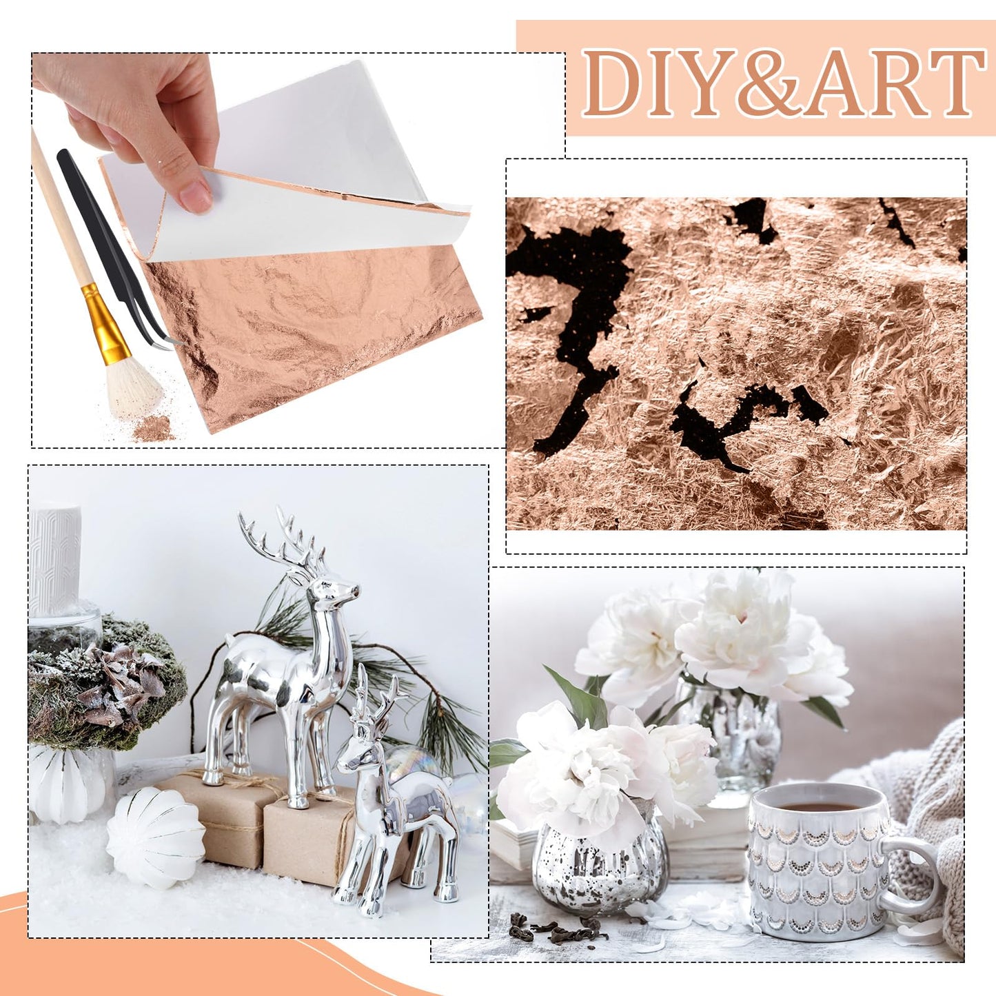 Cunhill 200 Pcs Gold Leaf Sheets for Art Foil Paper Leaf Art Foil Sheets Gilding Brush Thin Paper Craft for Painting Gilding Crafting Decoration,5.5 x 5.5 Inches (Rose Gold)
