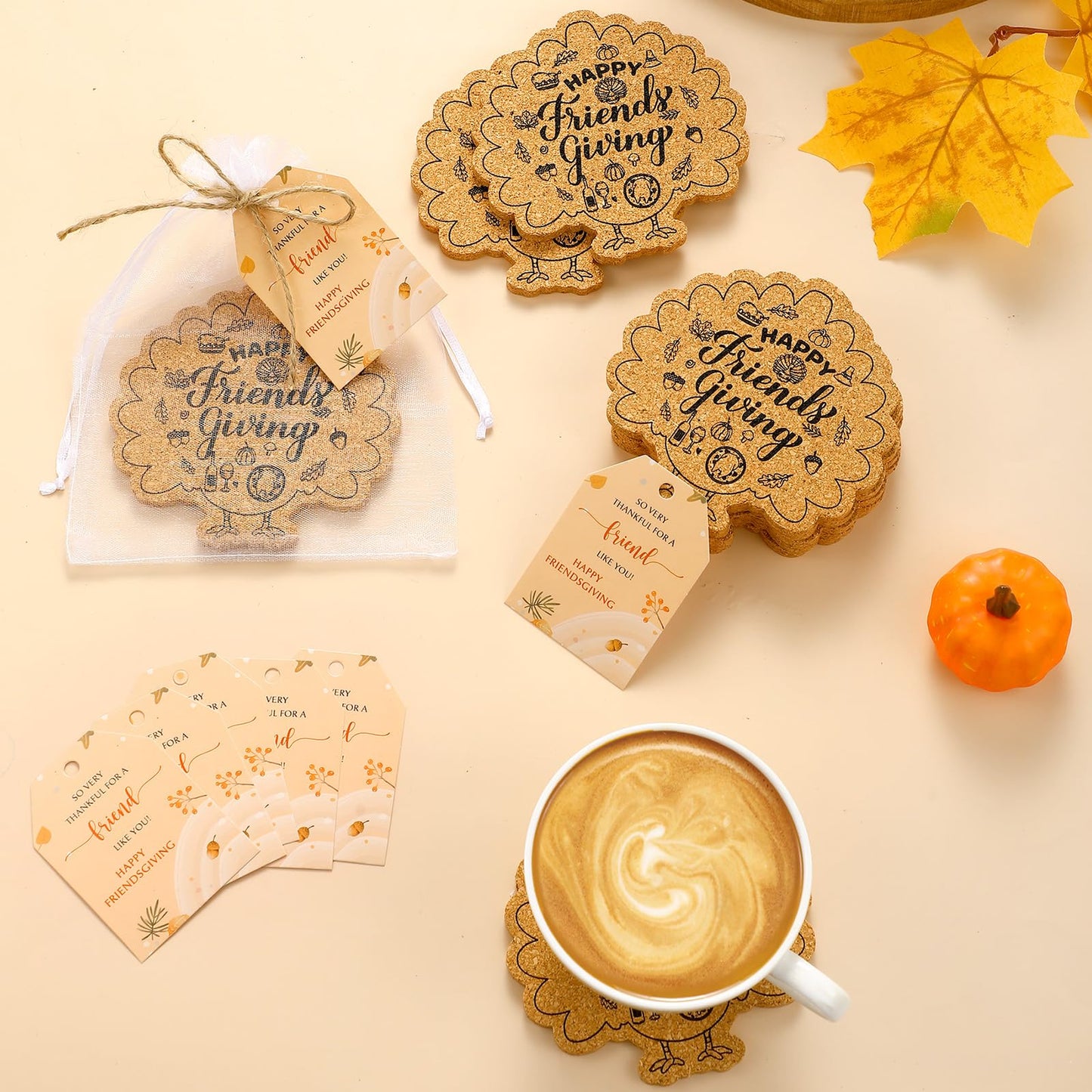 Hushee 24 Sets Friendsgiving Gifts Bulk Friendsgiving Cork Coasters Thanksgiving Cork Coaster Leaf Coaster with Thank You Cards and Organza Bag Thanksgiving Autumn Fall Party Favors (Maple Turkey)