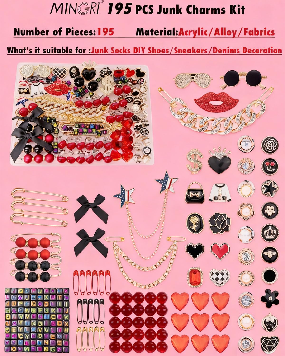 MINGRI Junk Socks Charms Kit Red Black,195 Pcs Shoes Charm for Sneakers,Brooches and Pin for Women with Letter,Safety Hat Pin for Women Gift Rhinestone Junk Charm with Pearl Chain