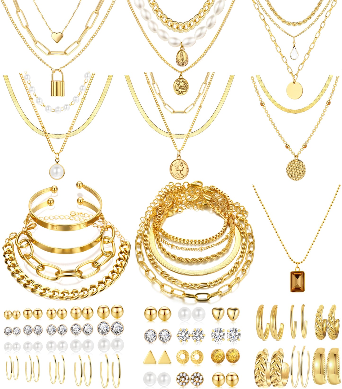 FAXHION 68 Pcs Gold Jewelry Set for Women with 7 Necklace, 17 Bracelet, 5 Hoop Earrings, 15 Stud Earrings, 24 Knuckle Rings for Women Jewelry Set for Women