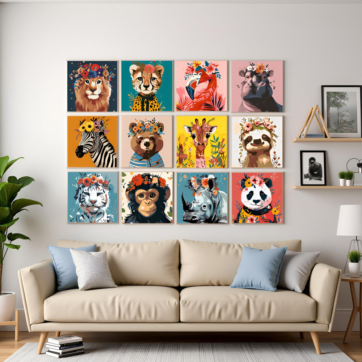 CraftCraze 12 Pack Animals Paint by Numbers Kit for Adults, Adult Paint by Number Kits, Paint by Numbers for Adults Beginners, DIY Animals Acrylic Painting on Canvas for Home Wall Art Decor 8x8 Inch