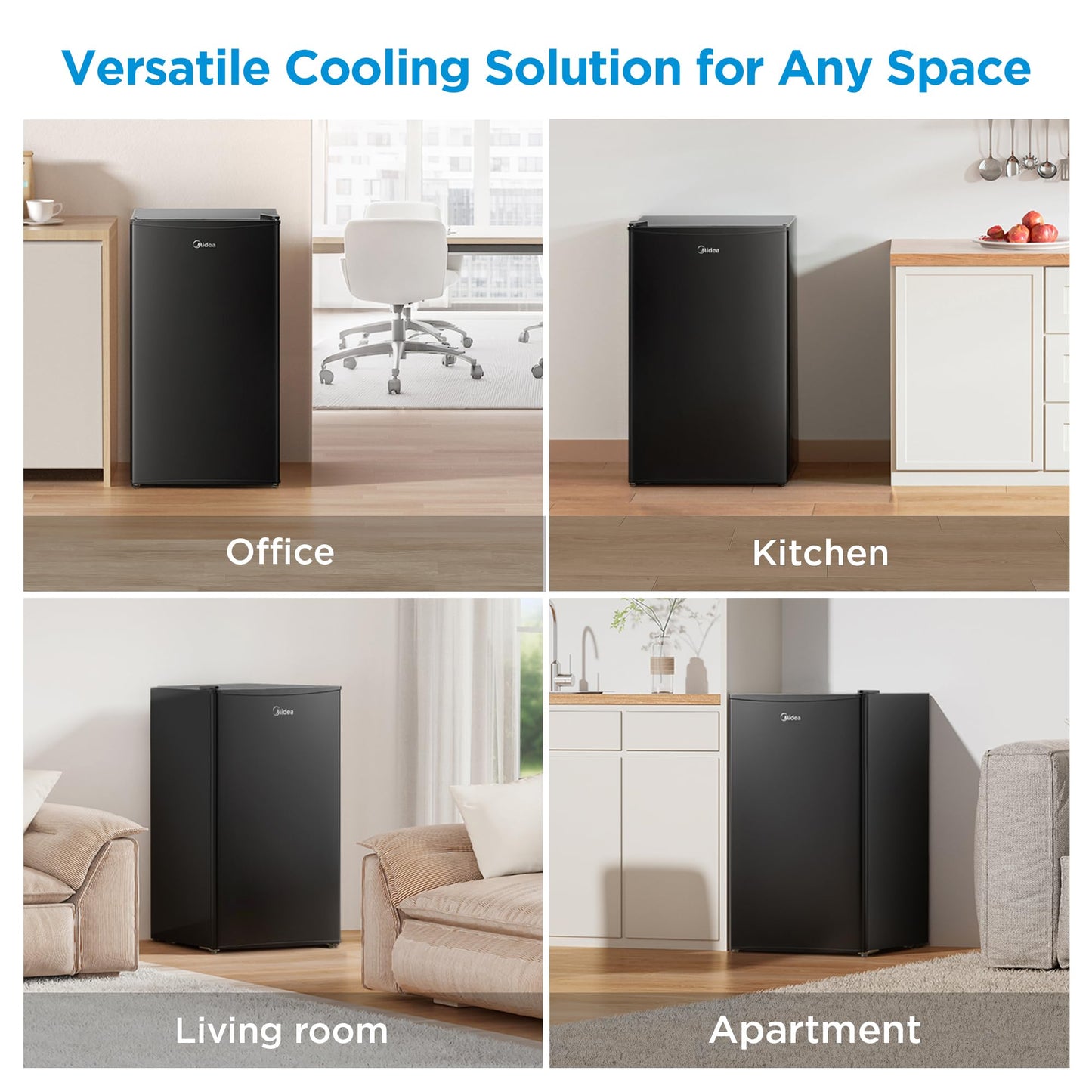 Midea MERM33S1ABB Mini Fridge, 3.3 Cu.ft Compact Fridge with Internal Light, Adjustable Thermostat, Reversible Door, Low Noise for Dorm, Office, Bedroom Black