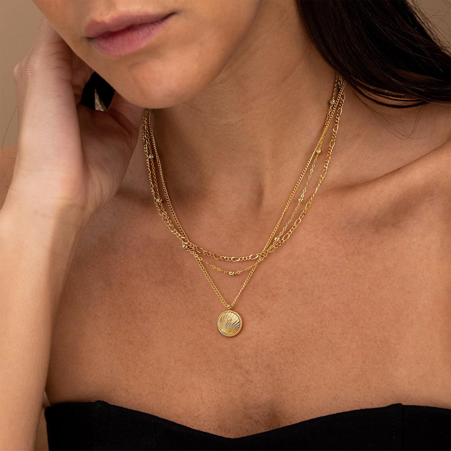 YOIHUR Layered Gold Necklaces for Women, 14K Gold Plated Beading Figaro Necklace Trendy Layering Circle Pendant Necklace Set Jewelry for Women