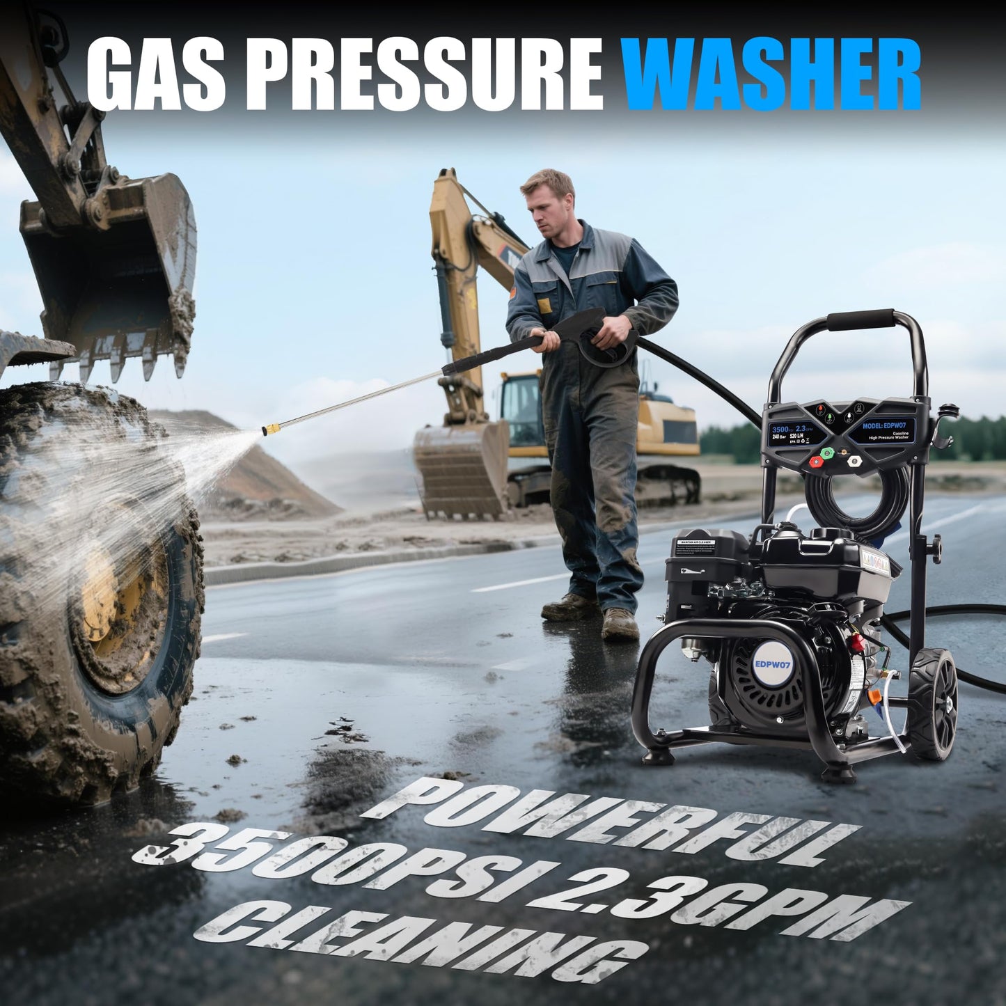 Ezasin Gas Pressure Washer 3500 PSI, 2.3 GPM Heavy Duty High Power Washer,209CC 7HP Engine with 25Ft Pressure Hose, Axial Aluminum Pump, Soap Tank, 4 Quick Connect Nozzle (Black)