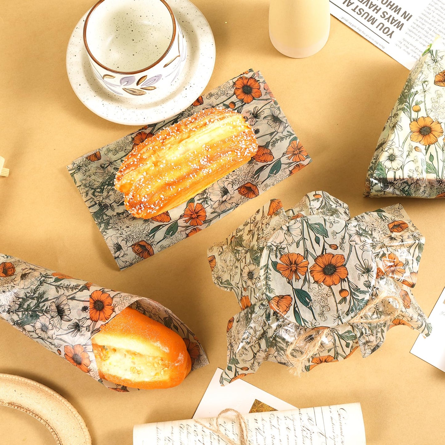 120 Sheets Orange Wildflower Garden Floral Wax Paper for Food Deli, 13.4 * 9.4‘’ Retro Floral Greaseproof Deli Paper for Sandwich Picnic Basket Liner Birthday Party Supplies