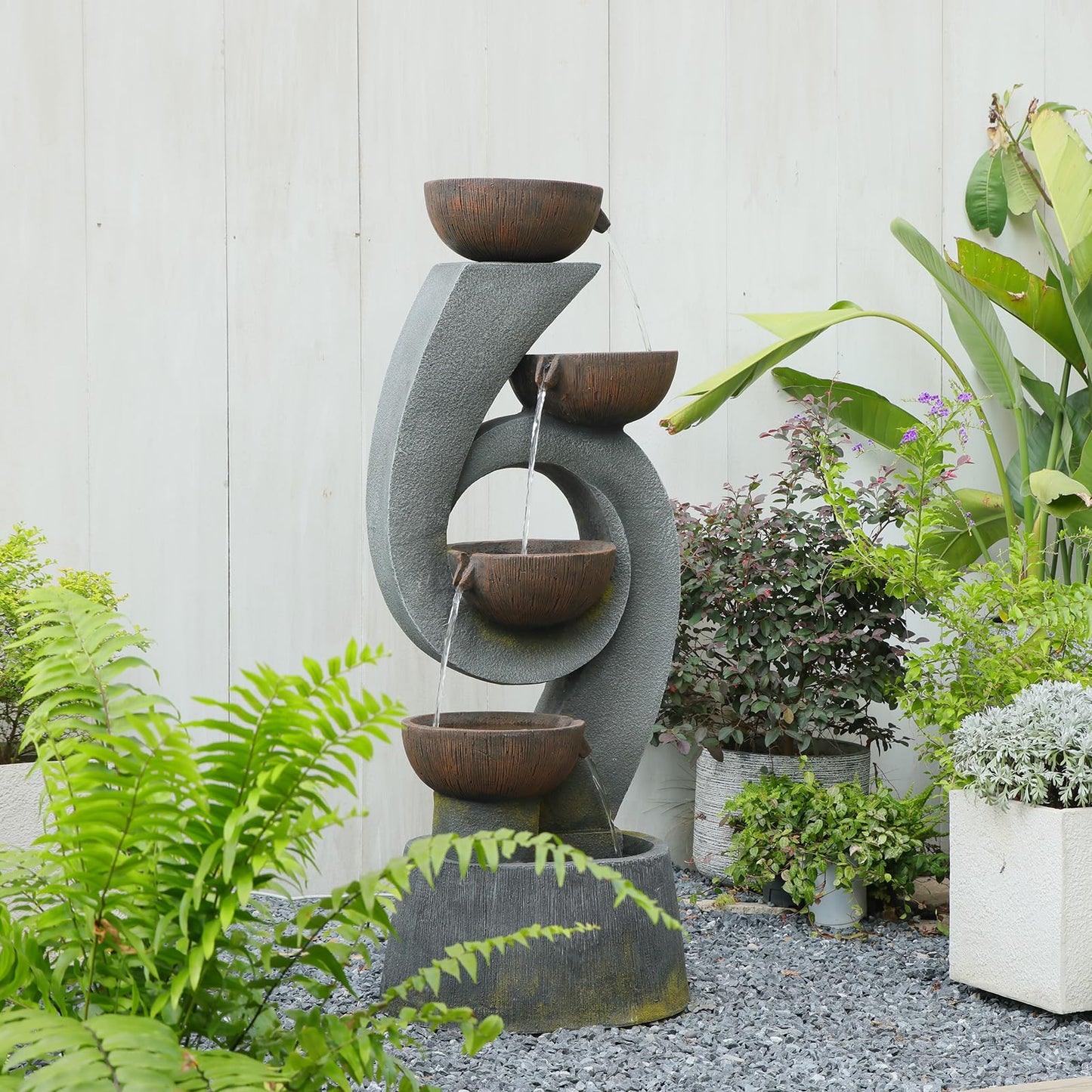 Sunlinua 46.8''H Outdoor Water Fountains - 5-Tiered Garden Fountains Outdoor for Patio, Yard, Balcony, Porch, Modern Resin Waterfall Feature for Outside with Light, Cascading Bowl Water Feature Gray