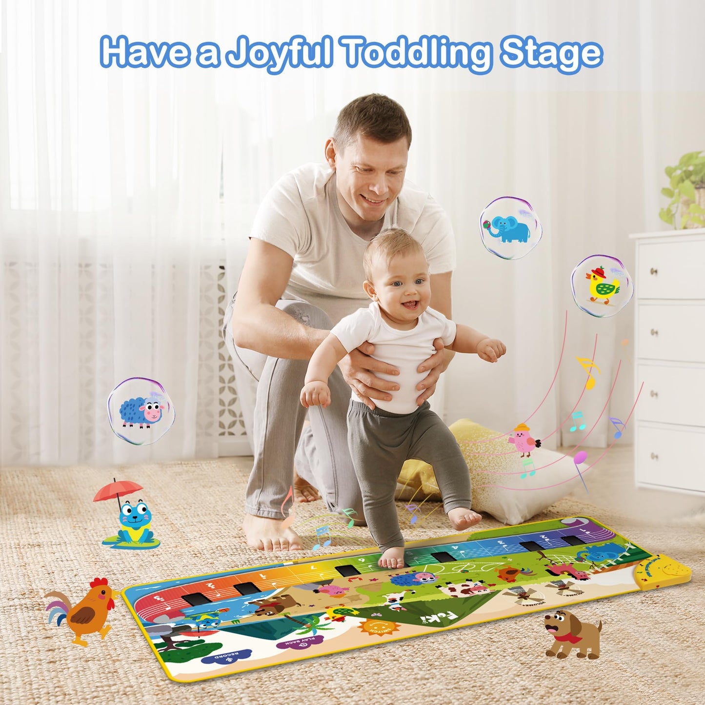 FOKI Toddler Toys Floor Piano Mat with 61 Animal Music Sounds, Baby Kid Sensory Educational Dancing Musical Keyboard Carpet Toy, Record Playback, for 1 to 5 Years Old Boy and Girl