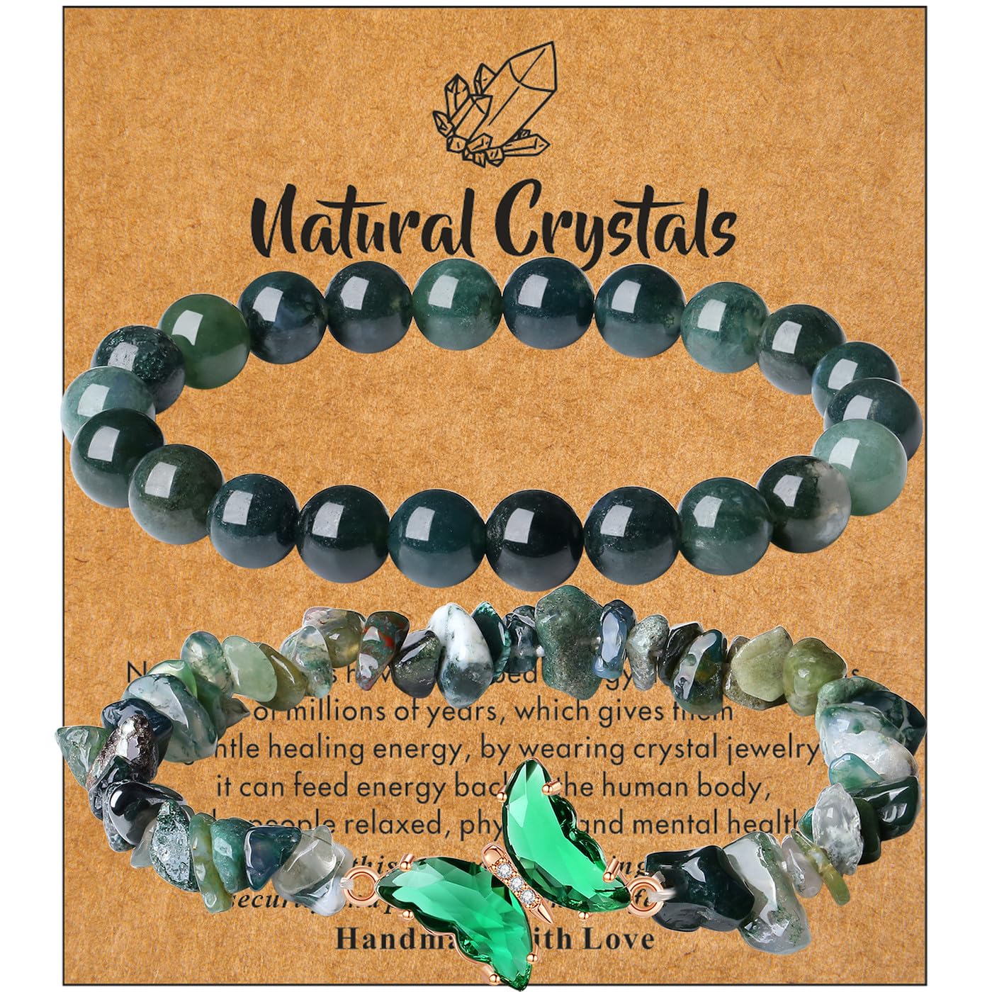 DUQGUHO 2Pcs Butterfly Bracelets for Women Moss Agate Bracelets Green Healing Crystal Bracelet Natural Gemstone Stretchable Jewelry 8mm Beaded Bracelet Gifts for Women
