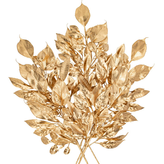 5 Pcs Fake Leaves Plants for Christmas Decor 20 Inch Metallic Gold Artificial Magnolia and Bay Leaves Faux Tropical Leaves with Stems for Holiday Party Decor Christmas Mantle Garland Wreath - Gold