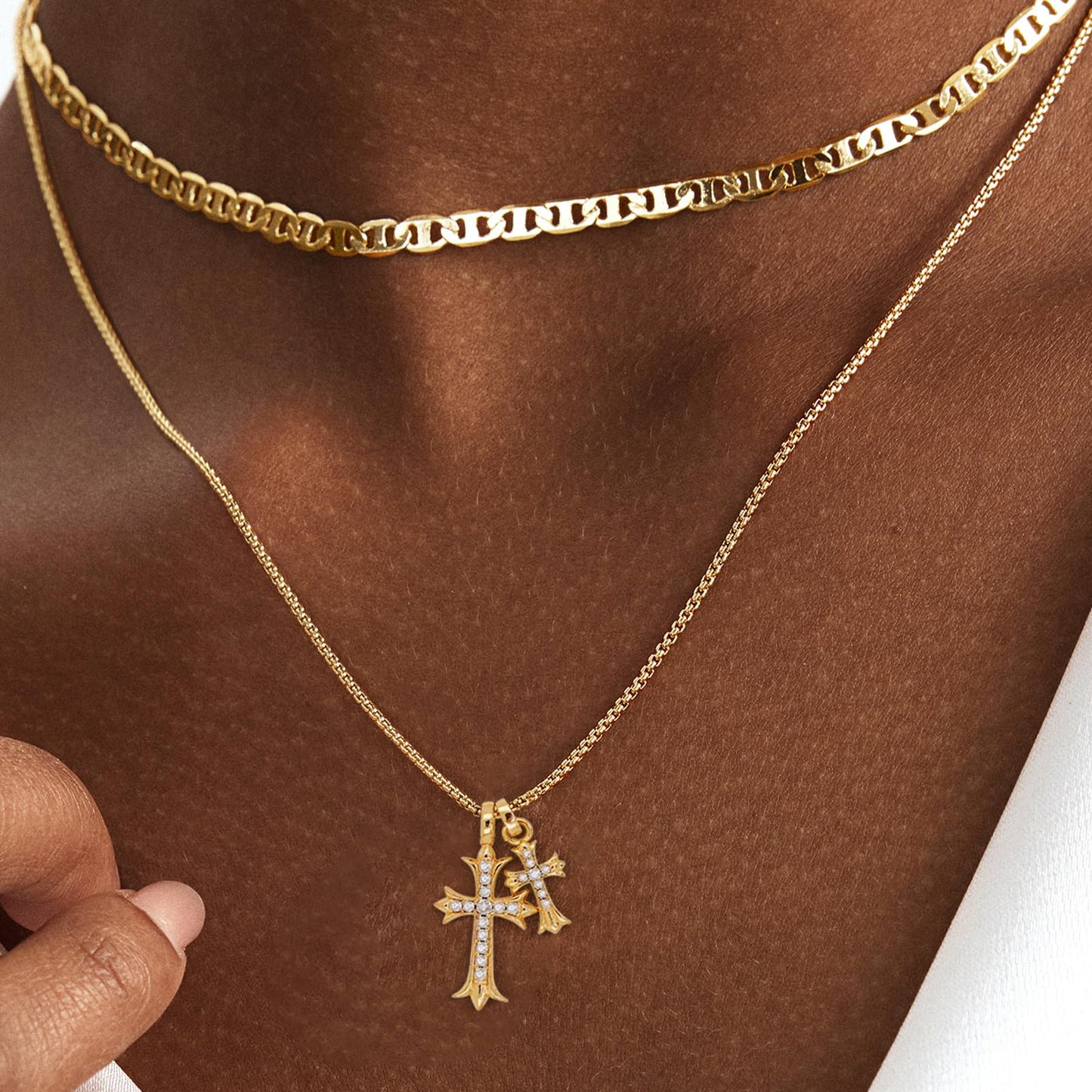 OGD Layered Gold Necklaces for Women 14k Gold Plated Double Cross Necklace for Women Stackable Stacked Stacking Dainty Gold Mariner Chain Necklace CZ Cross Pendant Necklaces Set Simple Jewelry Gift