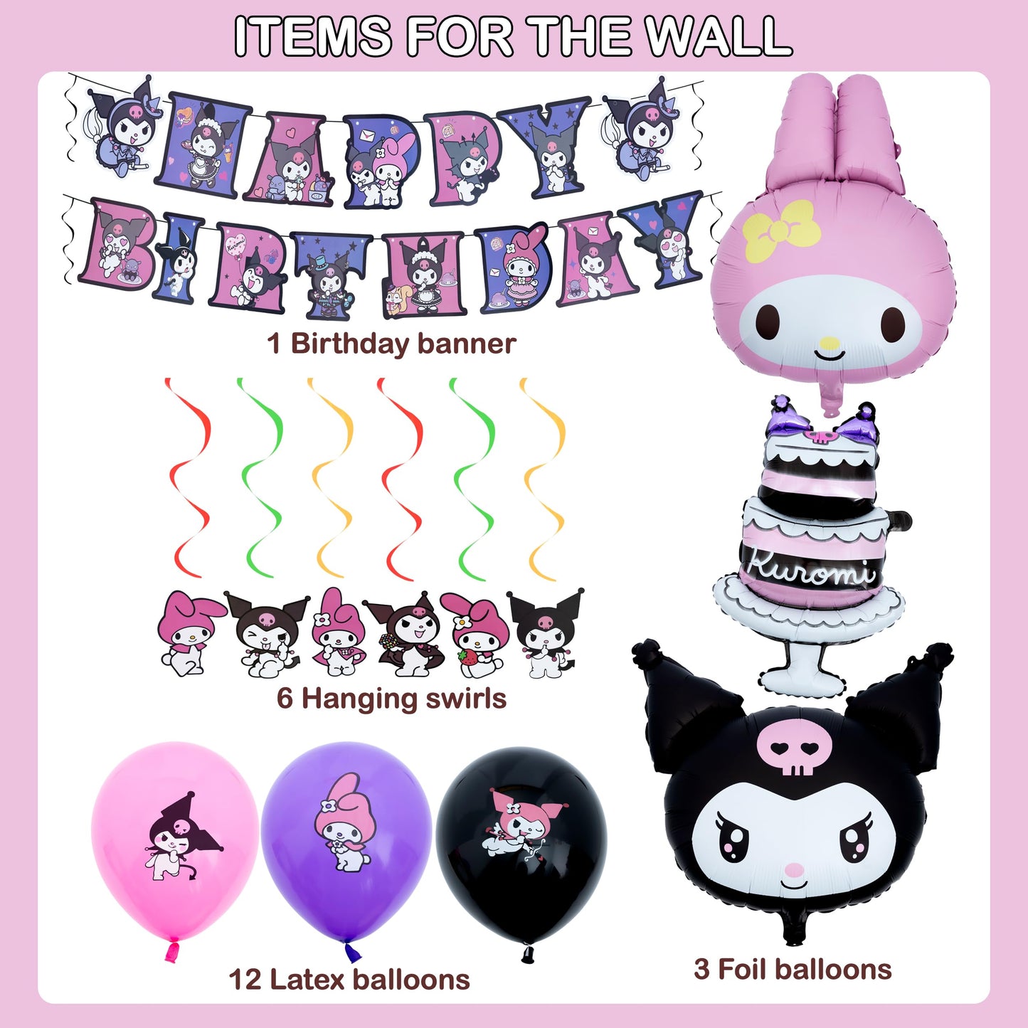 Cartoon Birthday Decorations, 115PCS Party Decoration Set with Birthday Banner, Cake Toppers, Balloons, Hanging Swirls, Paper Plates, Napkins, Tablecloth, and Stickers for Birthday Theme Party