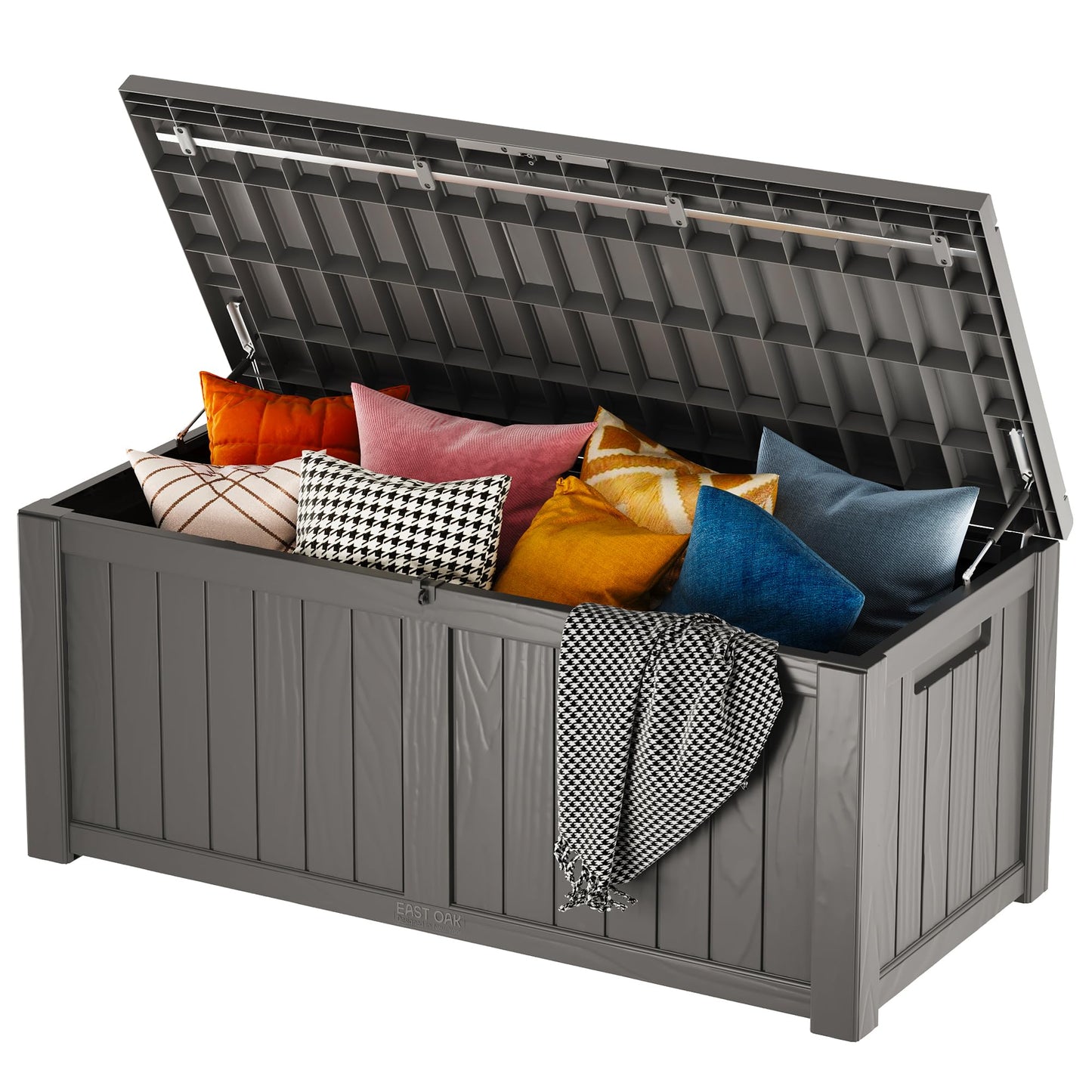 EAST OAK Outdoor Storage Box, 120 Gallon Deck Box with Stainless Steel Rods Large Resin Storage Bin for Patio Cushions, Garden Tools, Waterproof and UV Resistant, Lockable, Grey