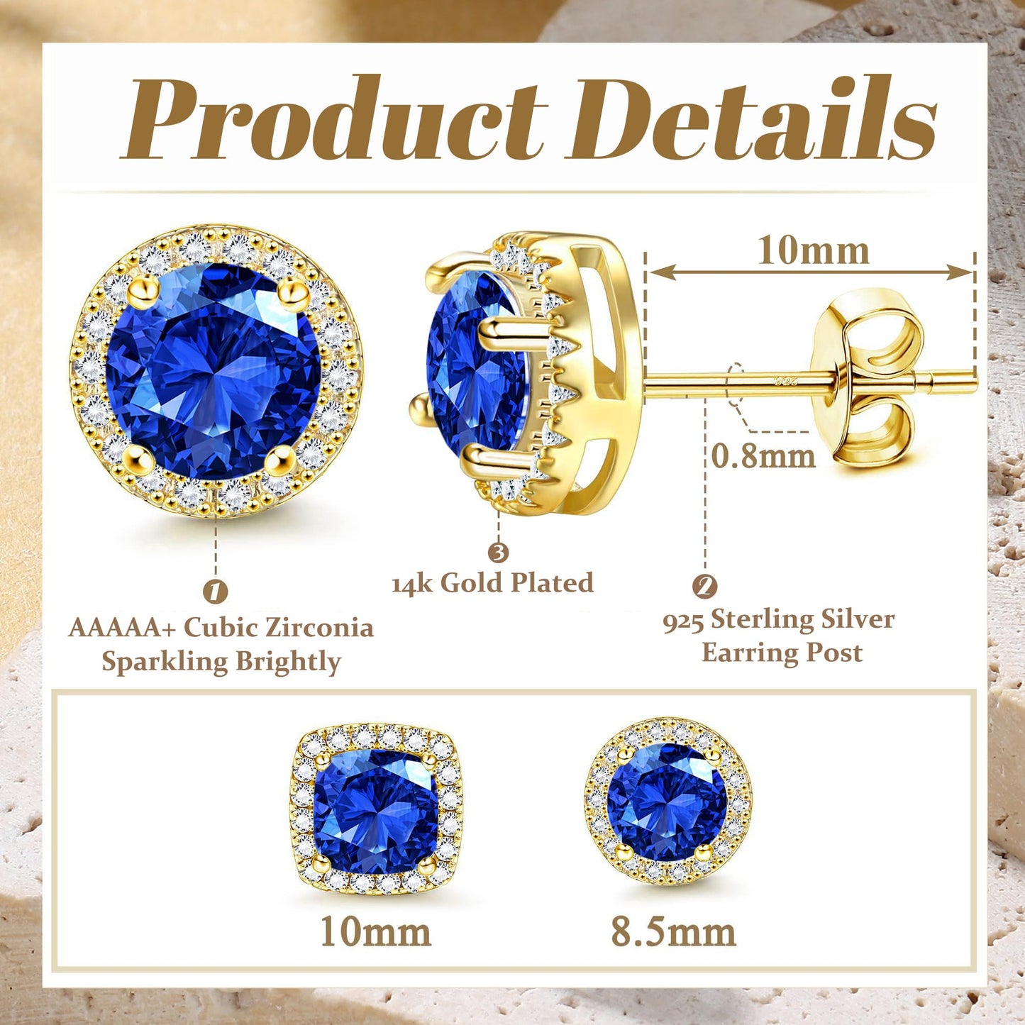 Hayoso Cubic Zirconia Stud Earrings for Women Men Sterling Silver Earring Post Hypoallergenic 14k Gold Plated Round&Square Earrings Gold&Blue