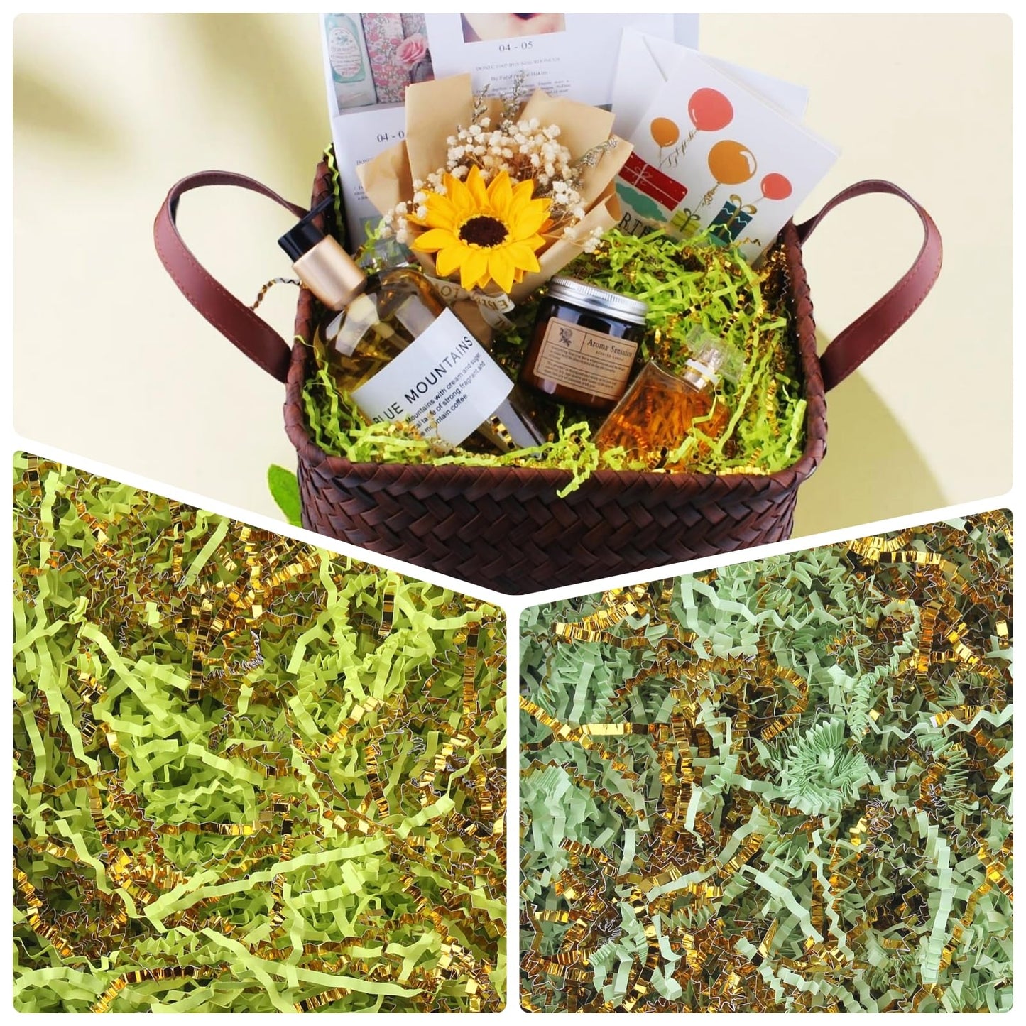 Crinkle Cut Paper Shred Filler 8 oz (1/2 lb) Gift Wrapping & Gift Basket Filler for Christmas, Halloween & Wedding Decorations,Easter Basket Grass Filler ,Crafting Activities (Dark green and gold)