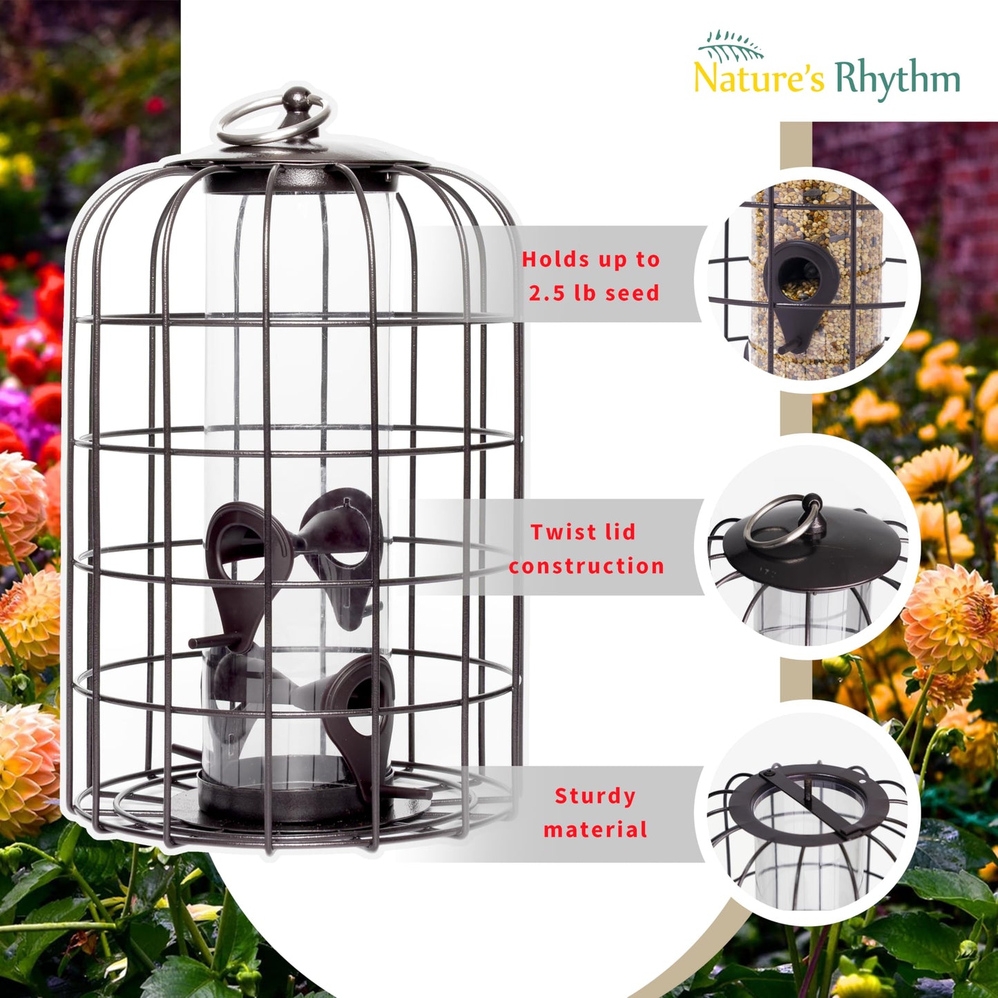 Nature's Rhythm Outdoor Hanging Bird Feeder Cage PC Tube Squirrel Proof Wild Bird Feeder with Large Metal Seed Guard Deterrent Green