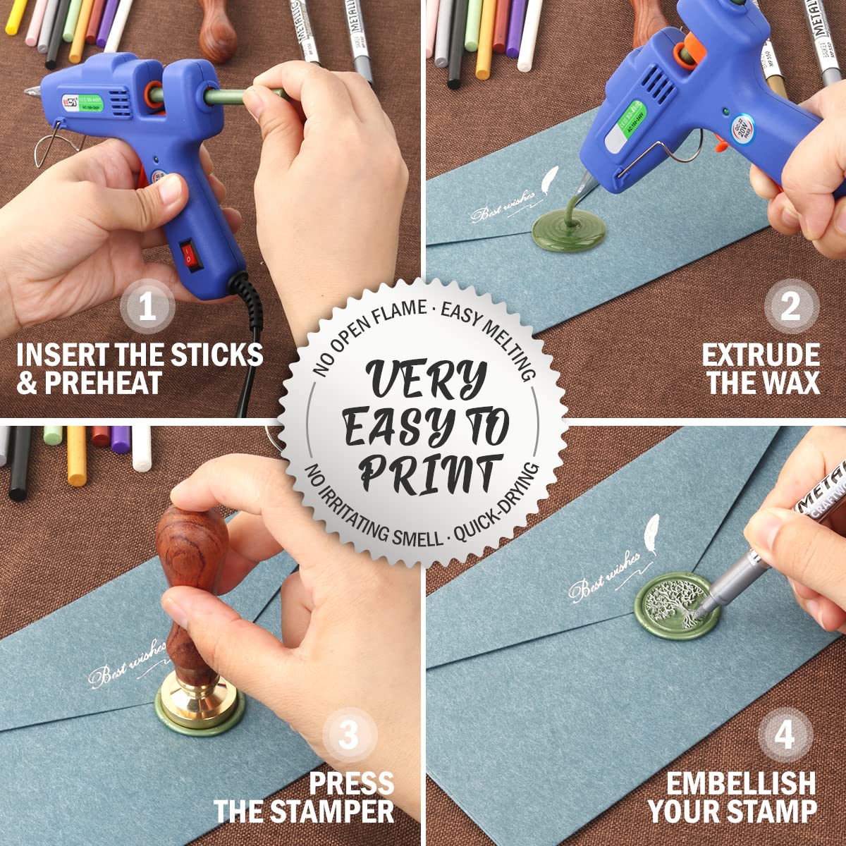 Wax Seal Kits, Wasole 40Pcs Blue Sea Sealing Wax Sticks with Glue Gun + 2Pcs Wax Seal Pens for Wax Seal Stamp, Great for Wedding Invitations, Birthday Cards, Envelopes, Gift Wrapping