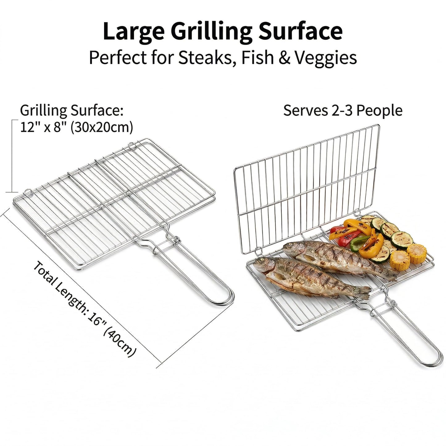 Stainless Steel Fish Grill Basket for Outdoor BBQ, Heavy Duty Lockable Grilling Rack for Fish Vegetables Steak Veggies Shrimp Meat, Portable Campfire Cooking Mesh Grate Tool, 12 x 8 Inch
