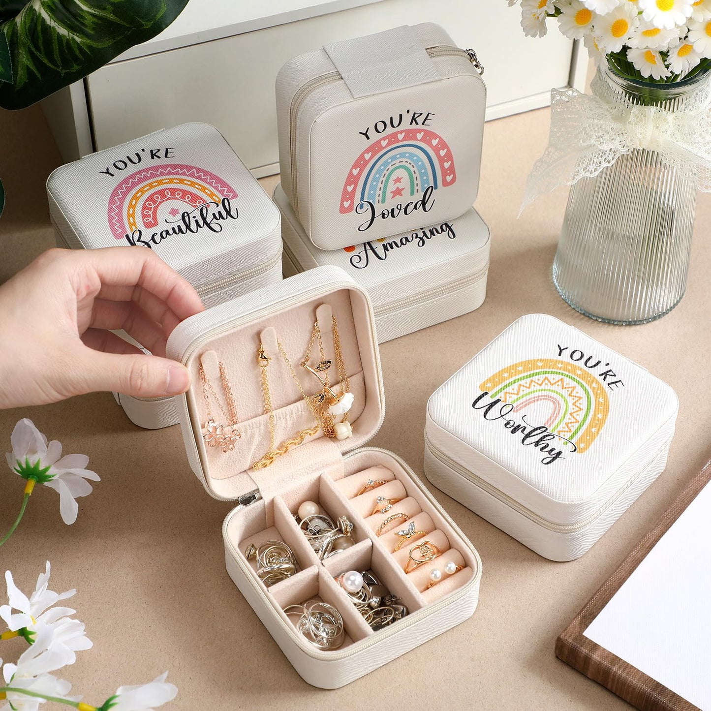 Kenning 6 Pcs Travel Jewelry Case Mother's Day Church Gifts Bulk Inspirational Rainbow Travel Jewelry Box for Women Teachers Gifts Portable Jewellery Storage Organizer Box for Rings Earrings Necklaces