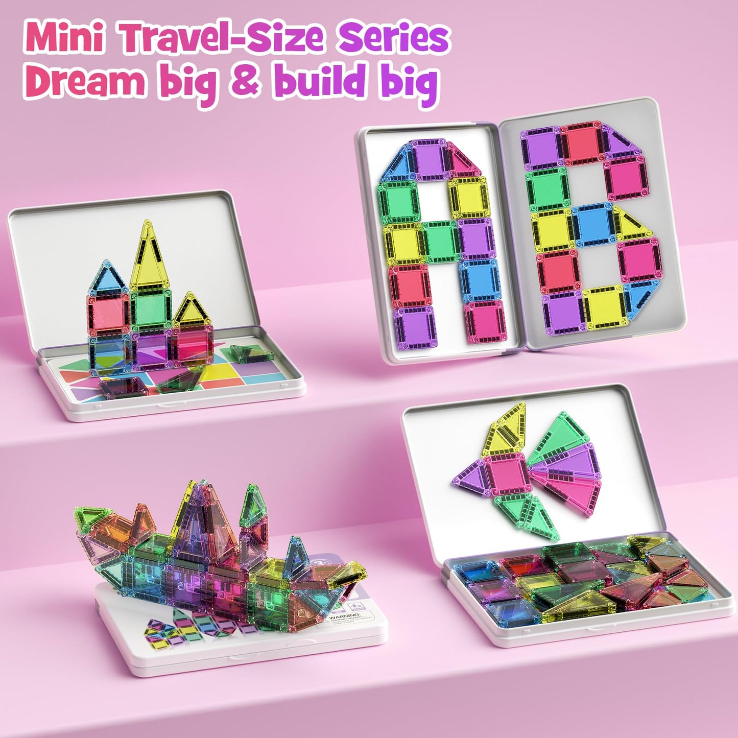 WMXDU Mini Magnetic Tiles, 40PCS Magnetic Building Blocks with Iron Box, Magnet Toys Travel Size On-The-Go Construction Set STEM Travel Toys for Boys and Girls Ages 3+