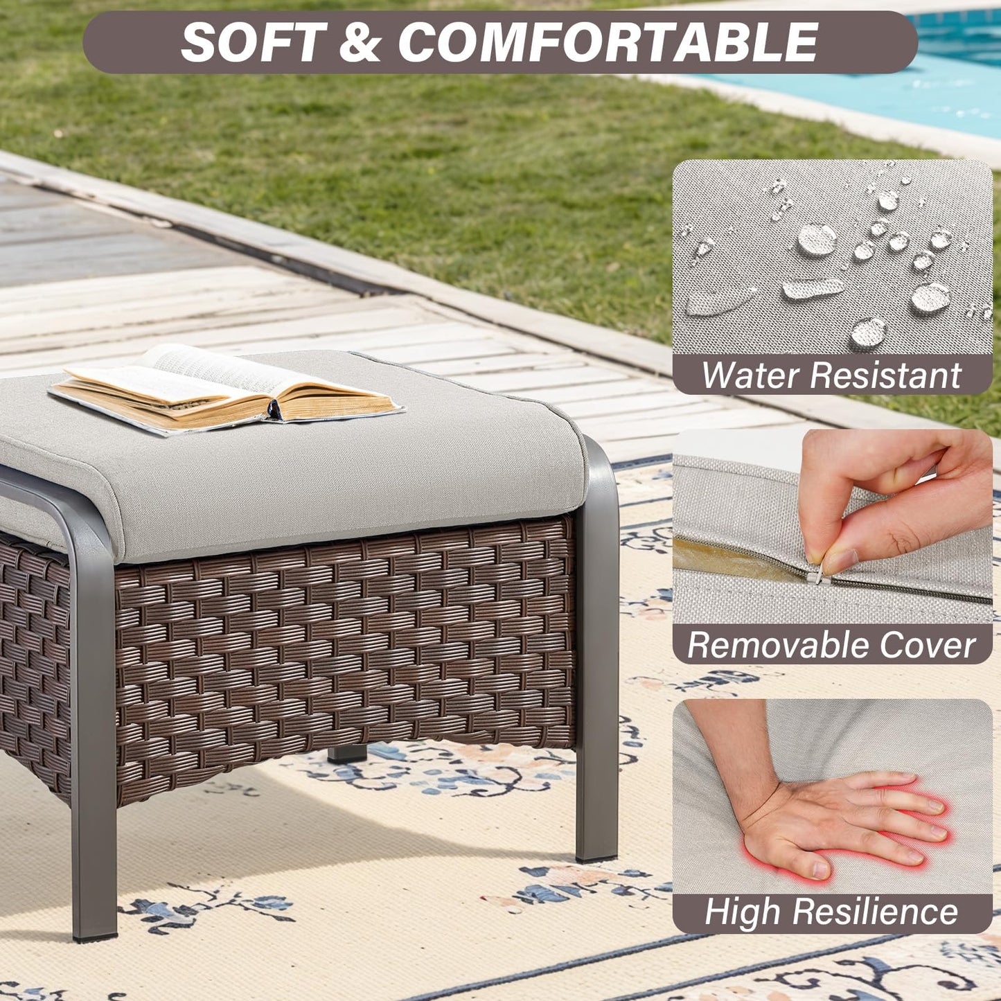 Belord 5 Piece Outdoor Wicker Furniture Set, High Back Deep Seating Patio Sofa Set with Metal Armrests Rattan Chairs, and Ottomans for Porch Deck Sunroom Backyard