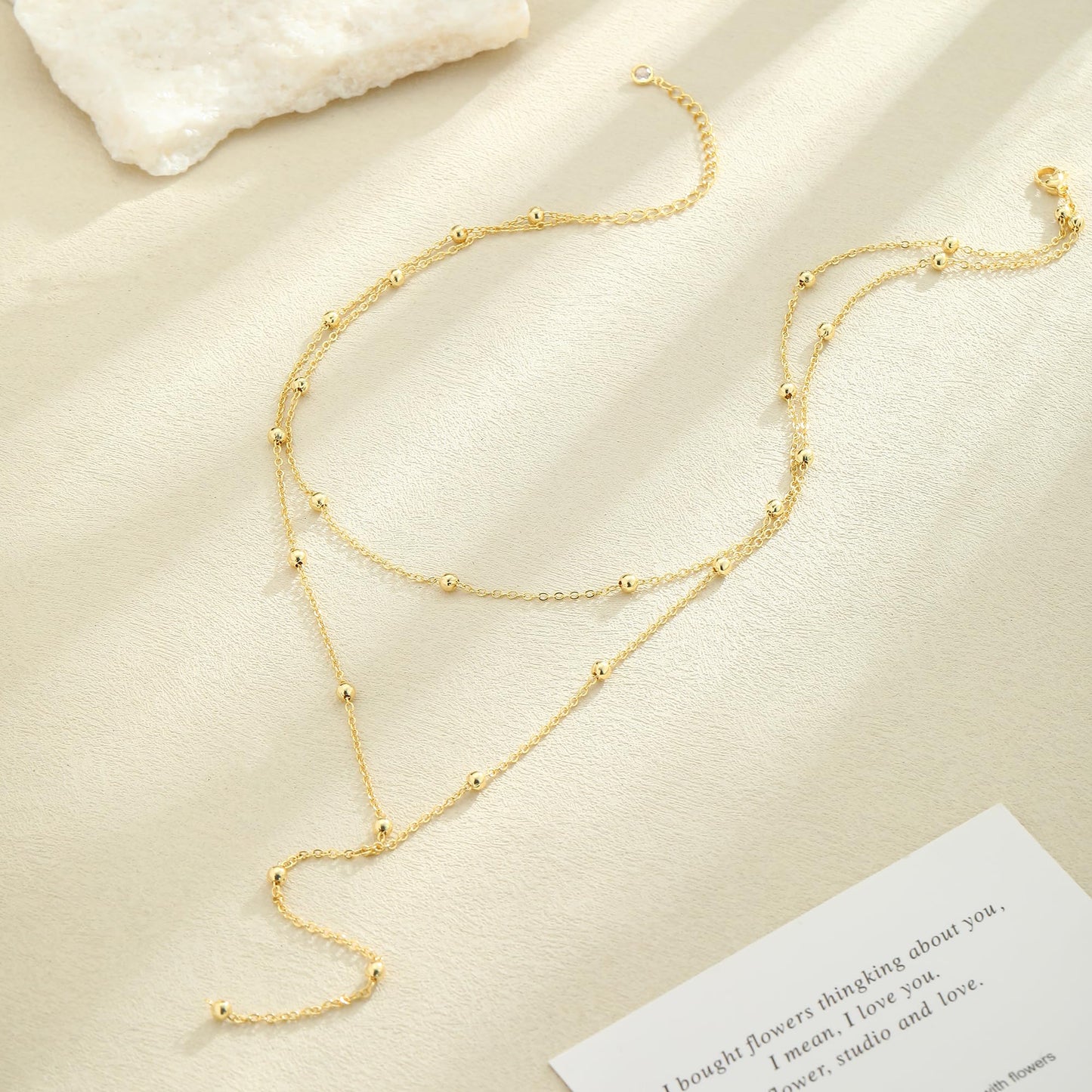Lariat Gold Necklace for Women Waterprooof, Layered Long Necklaces 14k Gold Plated/Silver Y-Shaped Beaded Chain Drop Necklace Body Chain Trendy Beach Accessories Fashion Gold Jewelry for Women Gift
