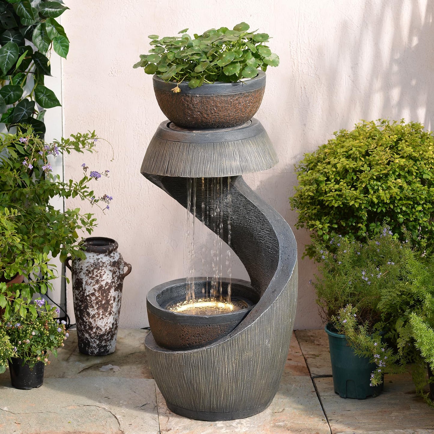 Sunlinua 31.9" S-Shaped Water Outdoor Fountain–Modern Cascading Waterfall Feature with LED Lights & Planter Bowl, Garden Fountains Outdoor for Patio, Balcony, Yard or Home Decor, Resin Waterfall