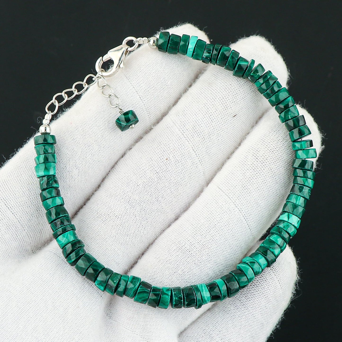 CRYSTALIS Natural Green Malachite Beaded Bracelet, Facet Wheels, Elegant Beads Crystal, Chakra Bracelet, Healing Bracelet, Gemstone Jewelry, 925 Sterling Silver 8 inch