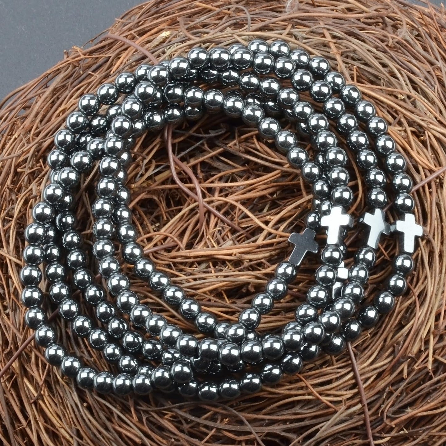 MASSIVE BEADS Hematite and Cross - Holy God Handmade Handmade Yoga Stretch Elastic Bracelet Natural Stone Crystal Healing Power Energy Gifts for Unisex Adult 4mm