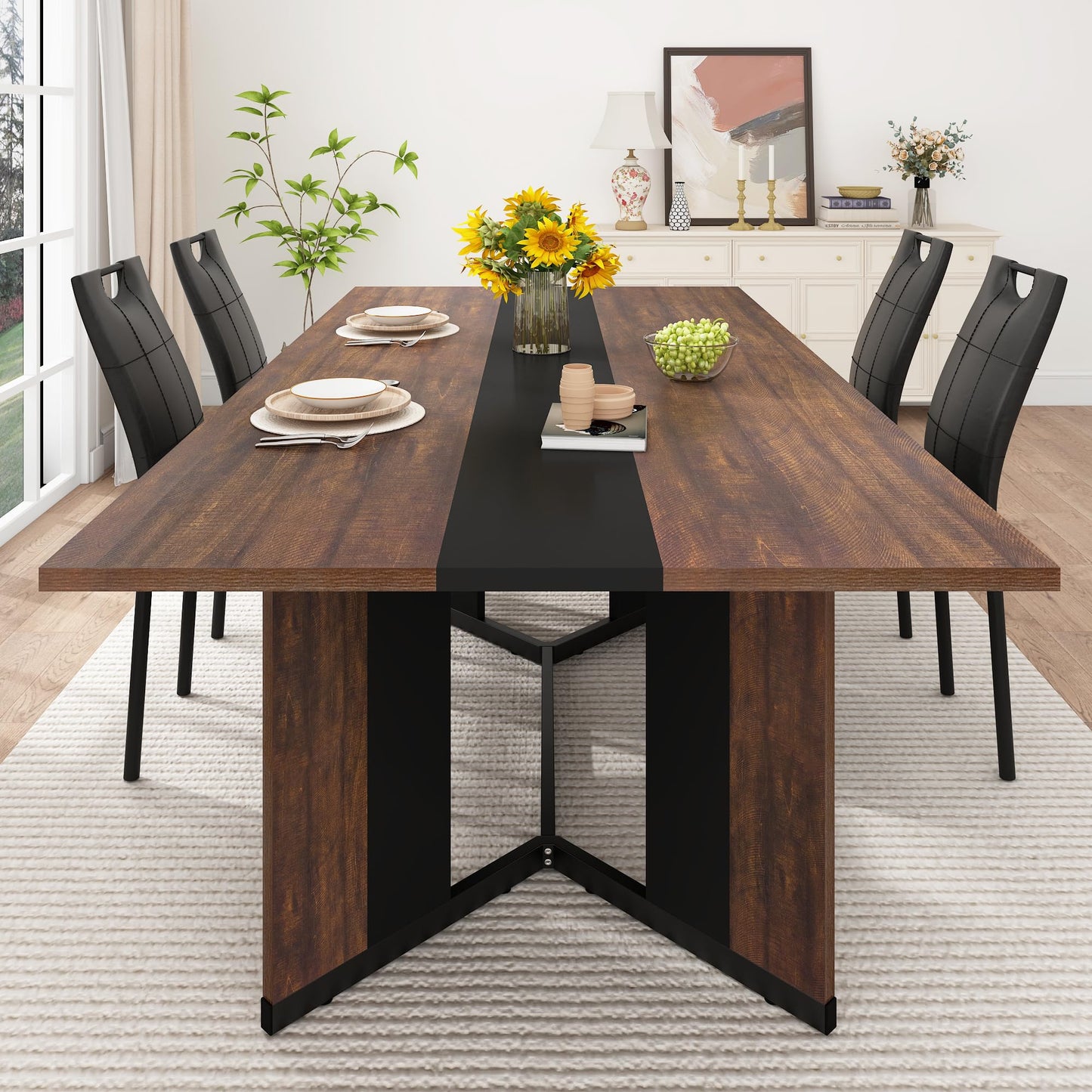 7-Piece Dining Table Set for 4 6 People, 71" Large Long Wooden Kitchen Table with 6 Cushion Chairs W/Waterproof Tabletop, Farmhouse Rectangular Dinner Table for Dining Room,Kitchen,Easy Clean