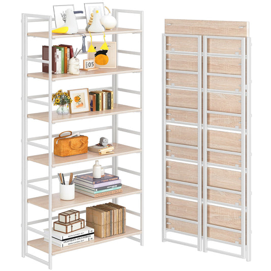 4NM No Assembly 6 Tiers Collapsible Book Shelves, 61.8" H Folding Bookshelf Bookcase Open Industrial Foldable Shelves for Bedroom, Living Room, Home Office - Natural White