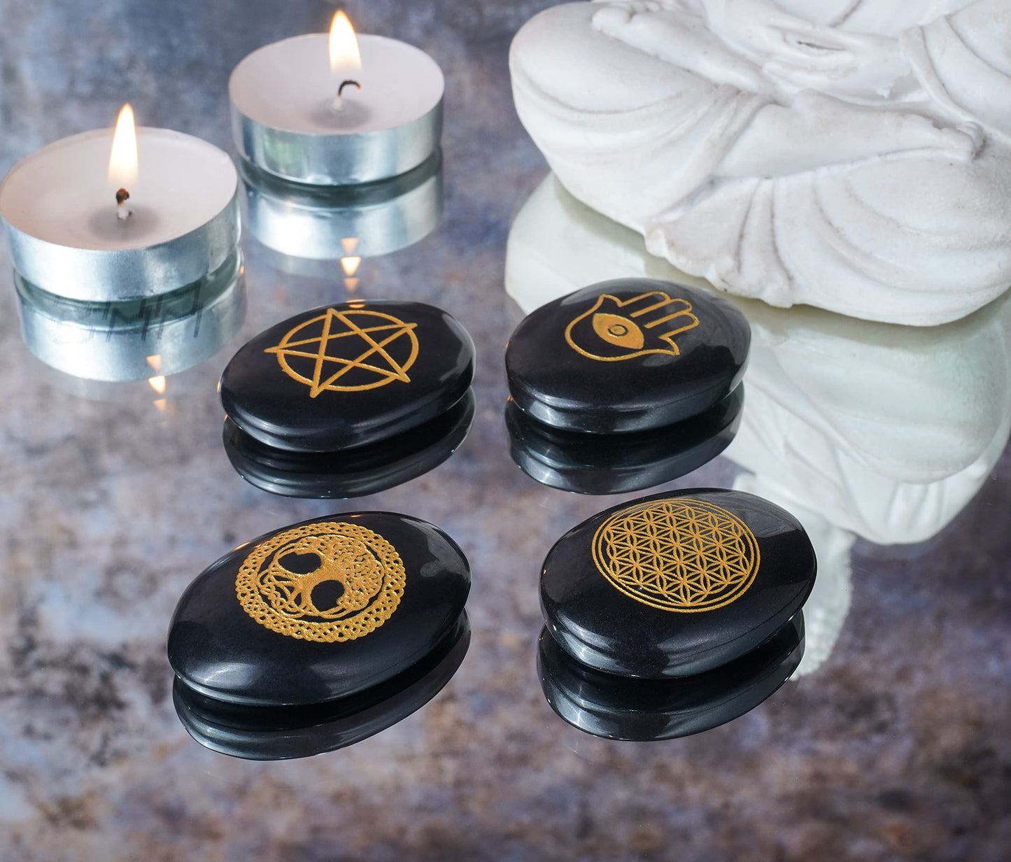 Crocon Black Agate Engraved Stone (Set of 4) Reiki Symbols Polished Palm Stones Sacred Geometry Symbols Set for Good Luck Pocket Stone Positive Healing Balancing Meditation Gemstone Gift Set