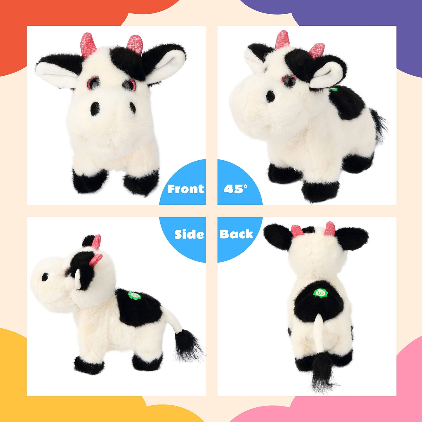 Cuteoy Walking Black Cow Stuffed Animal Speaking Moo Plush Cattle Electric Interactive Animated Plushies Toy for Girls Boys Birthday