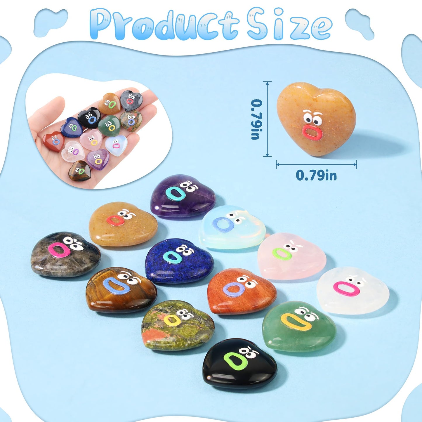 XIANNVXI Funny Emotion Heart Polished Stone Gift 12pcs Natural Heart Healing Crystals Stones Mothers Day Graduation Birthday Gifts for Women Cute Emoji Carving Figurine Crystals Present