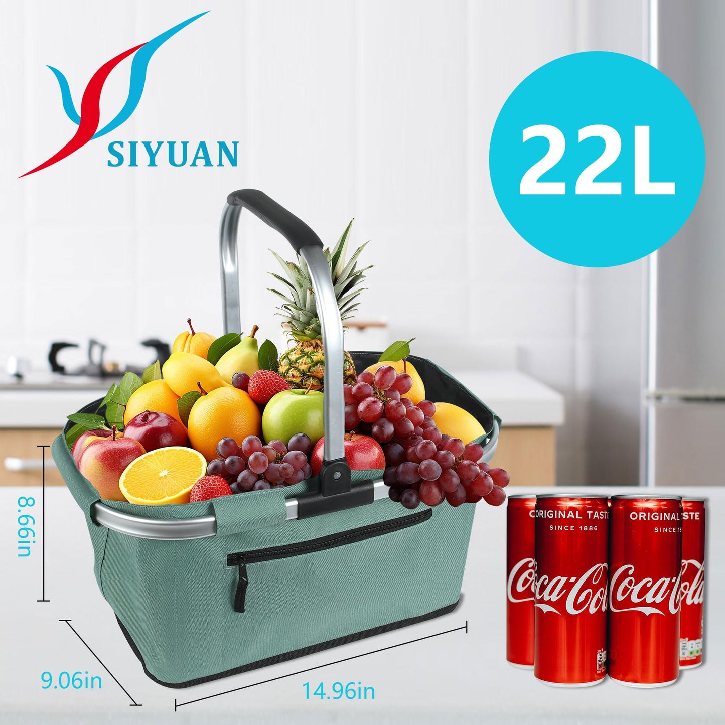 Picnic Basket, SIYUAN Shopping Basket with Handle 22L Collapsible Grocery Basket Portable Folding Basket for Marketing Picnic Reuasble Laundry Basket for Travel, Green