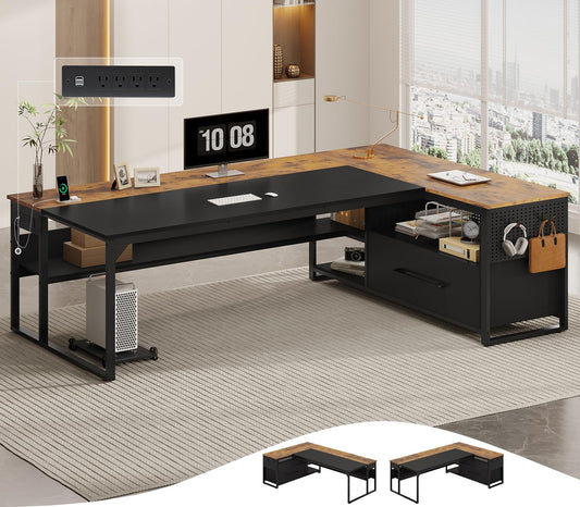 UPOSOJA 71" Executive Desk, Large Office Desk with Widen File Drawers & Power Outlets, Reversible L Shaped Computer Desk Corner Desk with Storage Shelves, CPU Stand, Hooks, Business Furniture