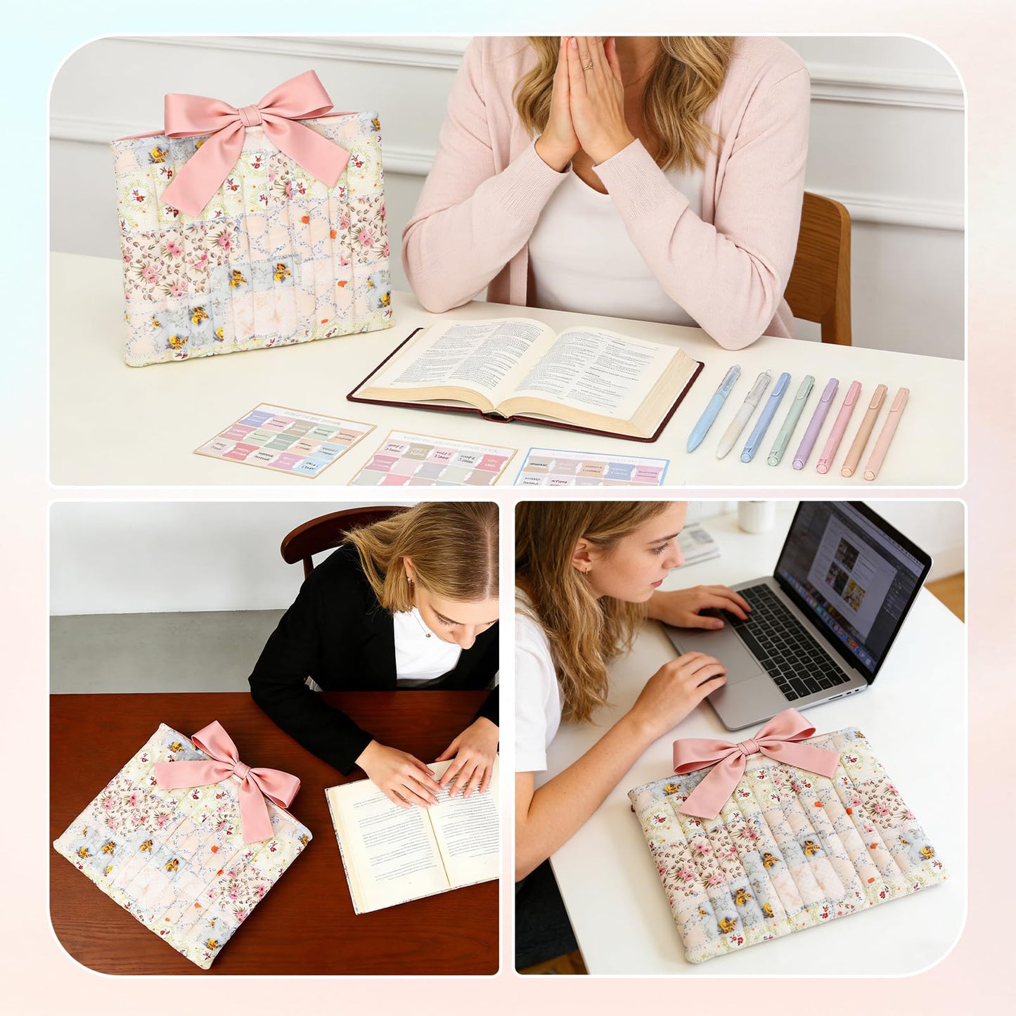 Quilted Bible Cover Case for Women, Pink Floral Bow Bible Carrier Bag, Bible Study Supplies Kit with Tabs Paperclips Highlighters Pens Sticky Notes, Christian Gift Set with Box