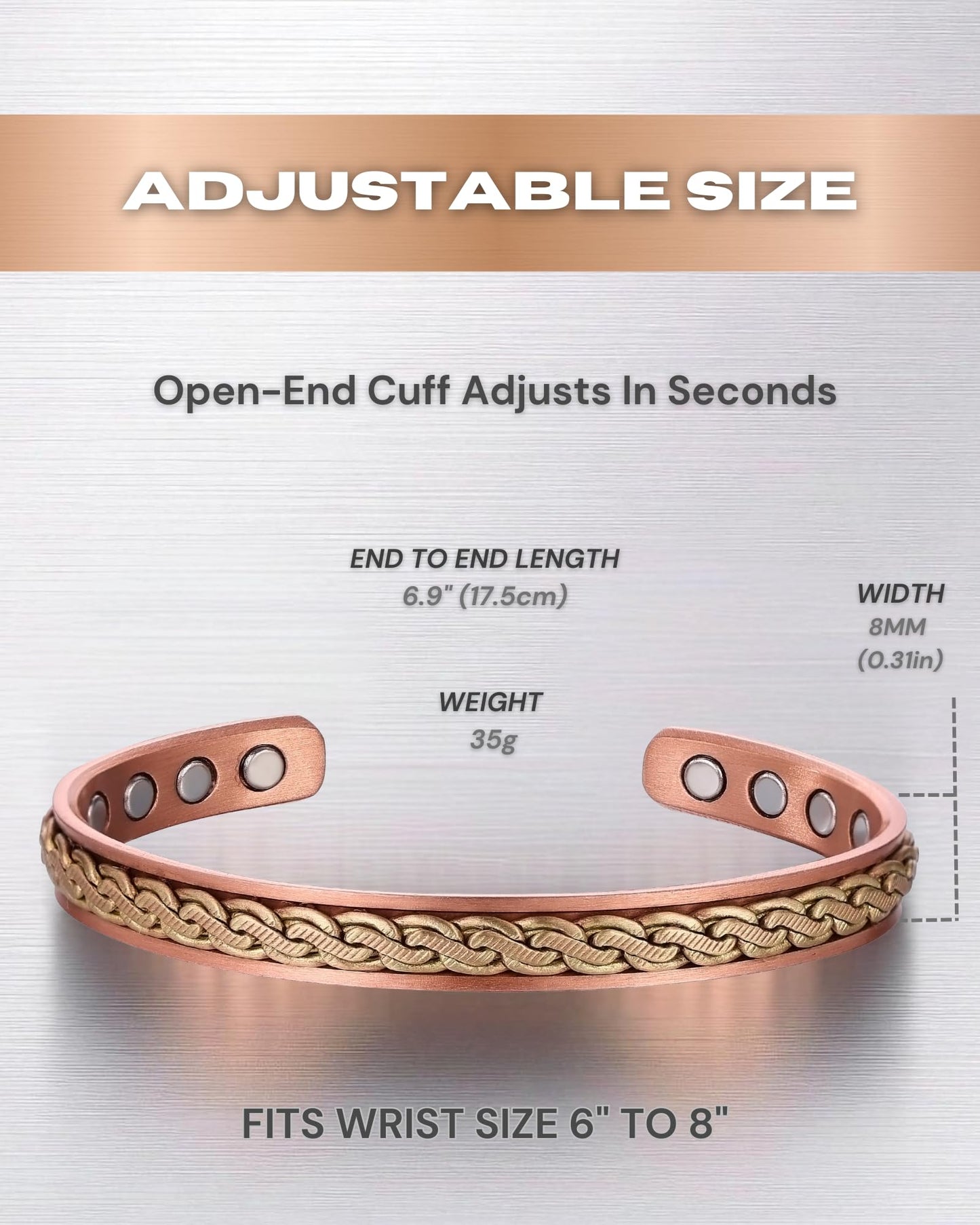 WestLuna Magnetic Copper Bracelet for Women, 8X Ultra Strength Magnetic Bracelets with 3,800 Gauss Magnets, 99.99% Pure Copper Health Jewelry Gift, Includes Gift Box, Jewelry Cloth, Blank Blessing Card (Woven Inlay)