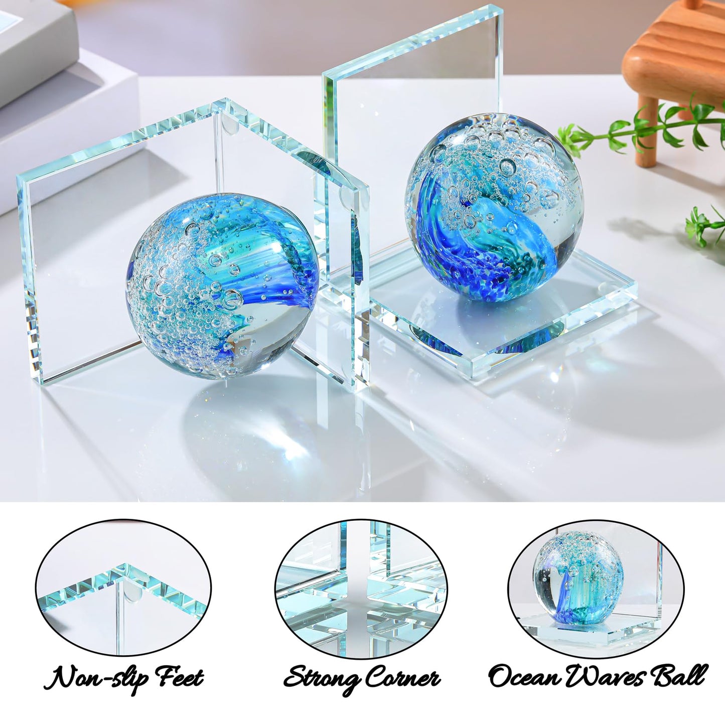 Arikyrist 1 Pair Crystal Bookends for Heavy Books with Hand Blown Ocean Waves Ball Glass Decorative Non Skid Bookends for Bookshelf Office Home (Dark Blue and Dark Green)