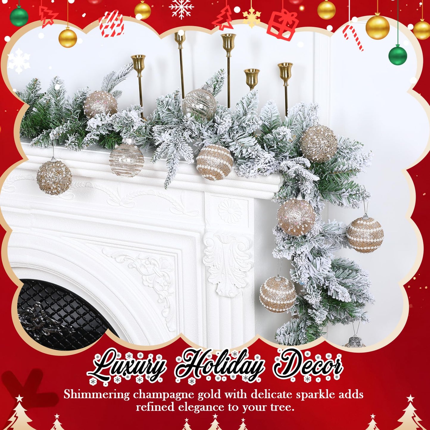 HyDren 16 Pcs Champagne Gold 2.76" Christmas Ball Ornaments Glitter Pearl & Sequin Christmas Ball Decorations Shatterproof Baubles Sparkling Pearl Shine Balls for Xmas Tree Birthday Halloween Wedding