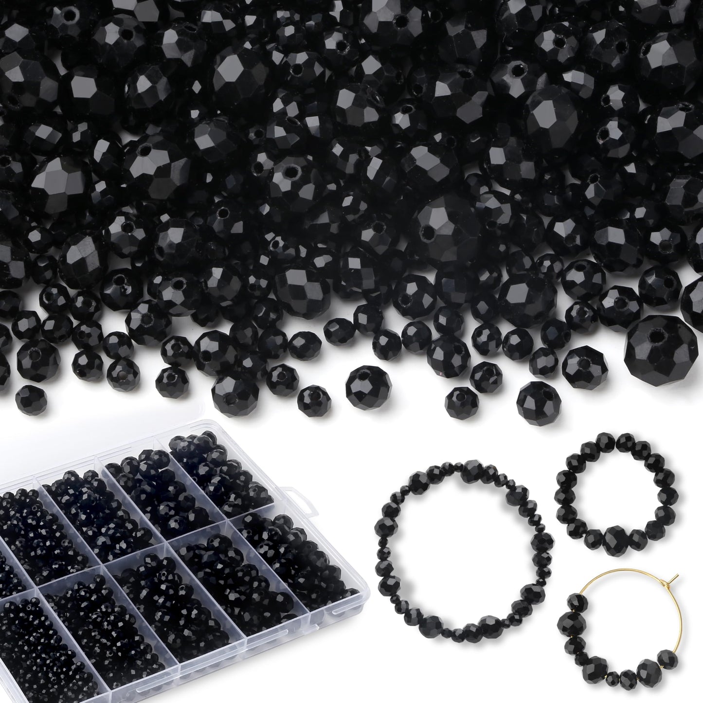 QINJIEJIE 1000Pcs 4/6/8/10mm Black Glass Beads for Jewelry Making Assorted Glass Beads for Suncatchers Bulk Crystal Beads for Bracelets Necklace Pendants Making DIY Supplies (Black)